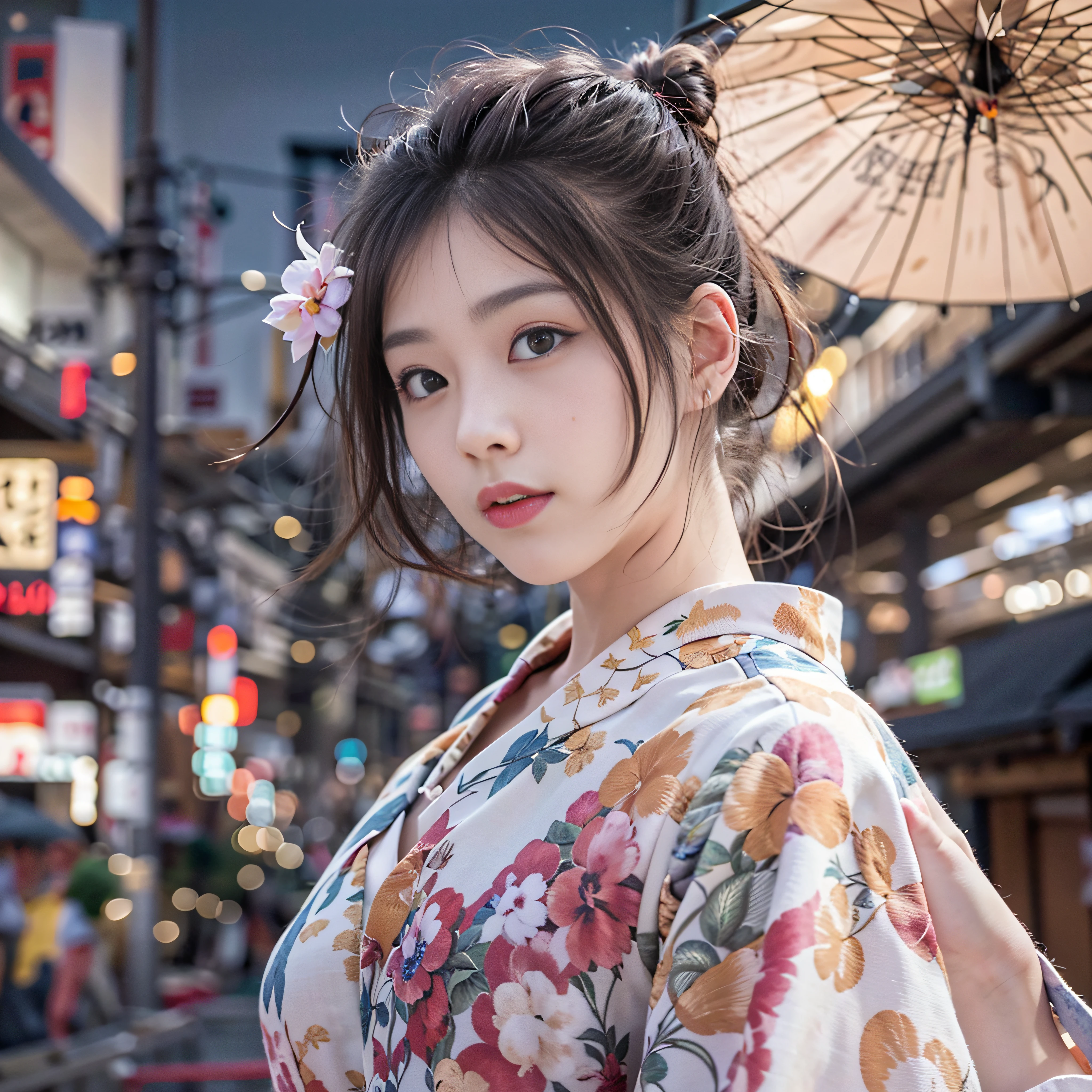 1人、on tokyo street、A city scape、The upper part of the body、wearing Japanese kimono、Piercing with a kanzashi with hair up、a closeup、A smile、、(8K、Raw photography、top-quality、masterpiece:1.2)、(realisitic、photoRealstic:1.37)、Highly detailed eyelash drawing、(((Top image quality))),Colossal tits、Fine skin, (Beautiful hair), (Perfect Anatomy), (Realistic), (Dynamic Angle), Pose Seductive,Perfect,Sensual look、top-quality、hight resolution、