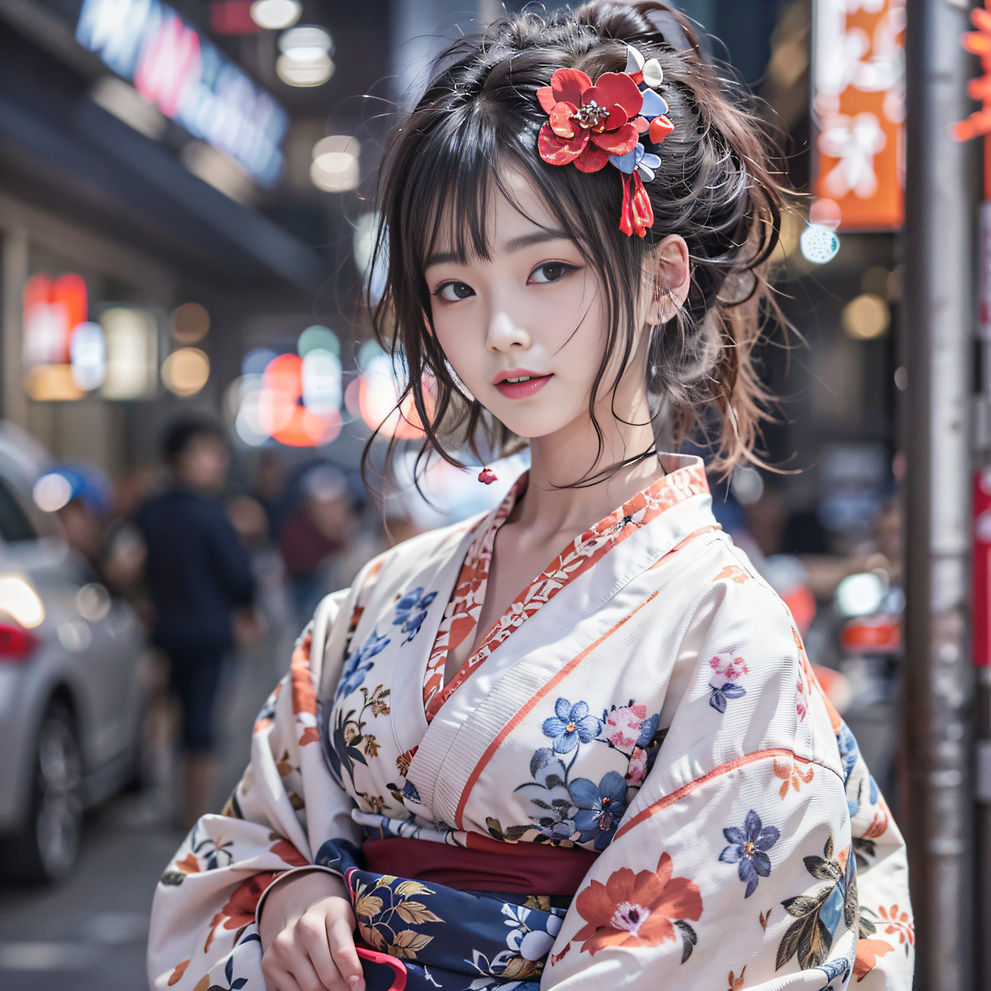 女の子1人、on tokyo street、A city scape、The upper part of the body、wearing Japanese kimono、Piercing with a kanzashi with hair up、a closeup、A smile、、(8K、Raw photography、top-quality、​masterpiece:1.2)、(realisitic、photoRealstic:1.37)、Highly detailed eyelash drawing、(((Top image quality))),Colossal tits、Fine skin, (Beautiful hair), (Perfect Anatomy), (Realistic), (Dynamic Angle), Pose Seductive,Perfect,Sensual look、top-quality、hight resolution、