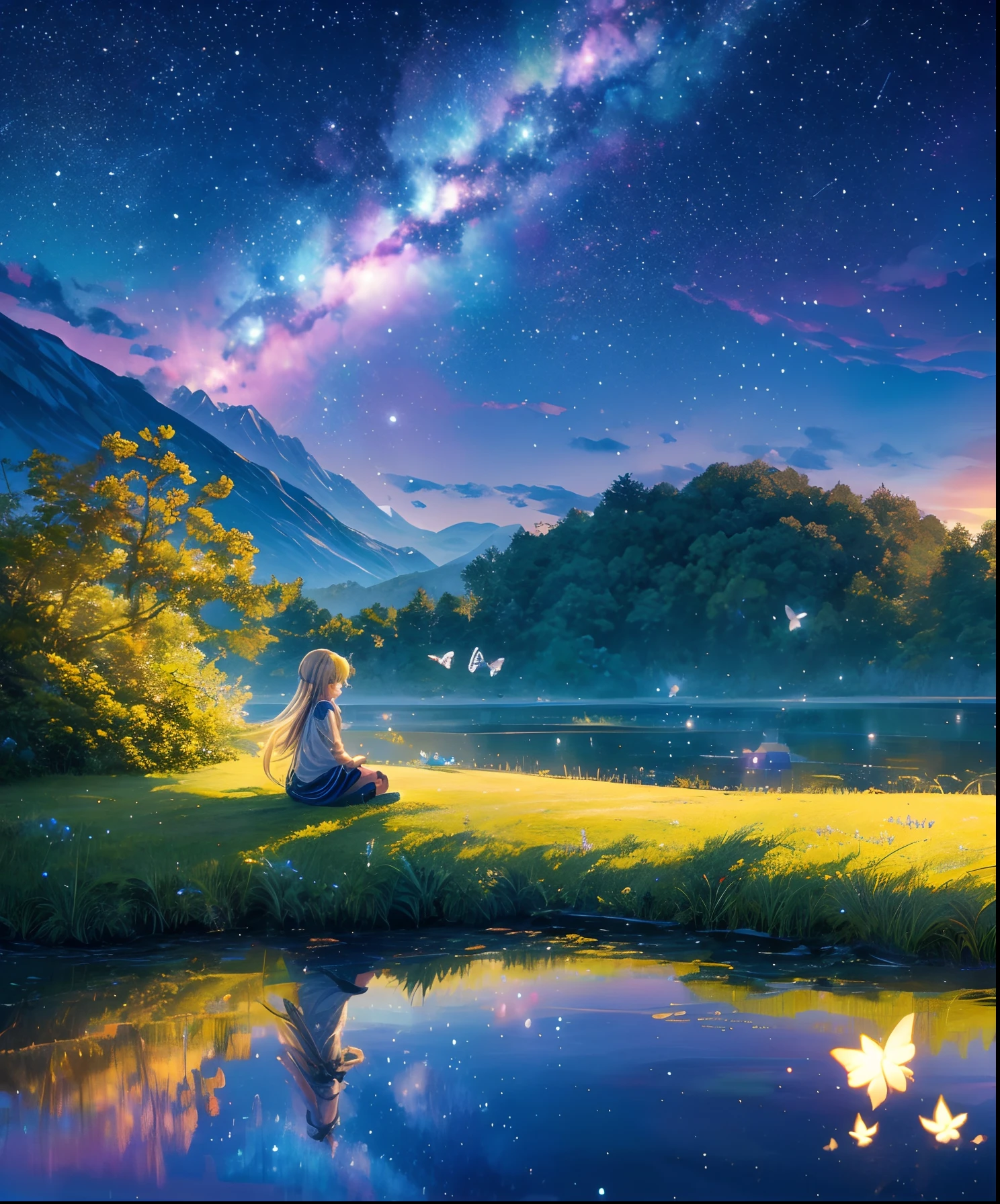 Cute girl characters、Describes a scene with grassy butterflies lying on the water flying around, Looking up at the starry sky. Surround her with colorful nebulae and her favorite constellations.