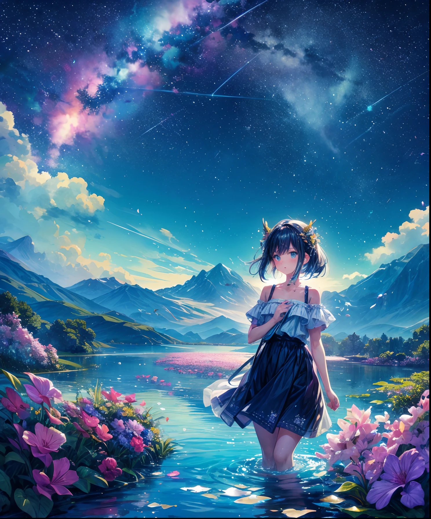 Cute girl characters、Describes a scene with grassy butterflies lying on the water flying around, Looking up at the starry sky. Surround her with colorful nebulae and her favorite constellations.