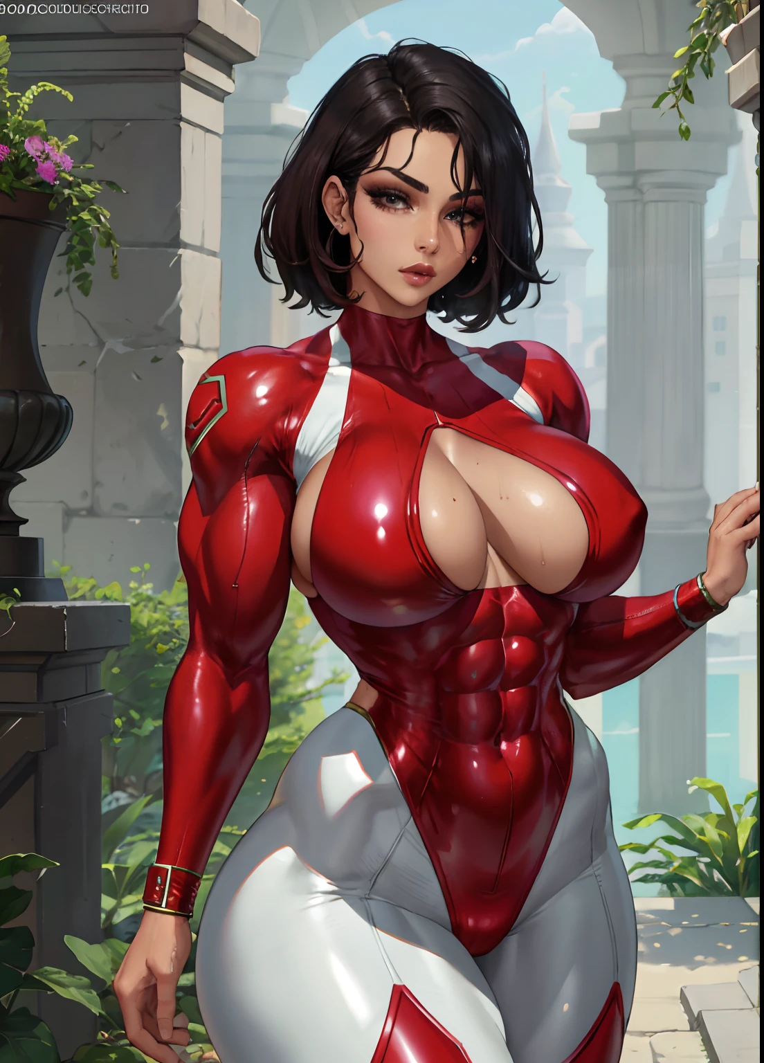1girl, gorgeous, muscular, thick thighs, mature female, abs, wide hips, (masterpiece, high quality:1.1) ,shiny skin, soft, smooth skin, breast indentation, tight suit, busty, curvy, fit, toned, camel toe, lipstick, thick lips, make-up, highly detailed, kawaii, wet and shiny,