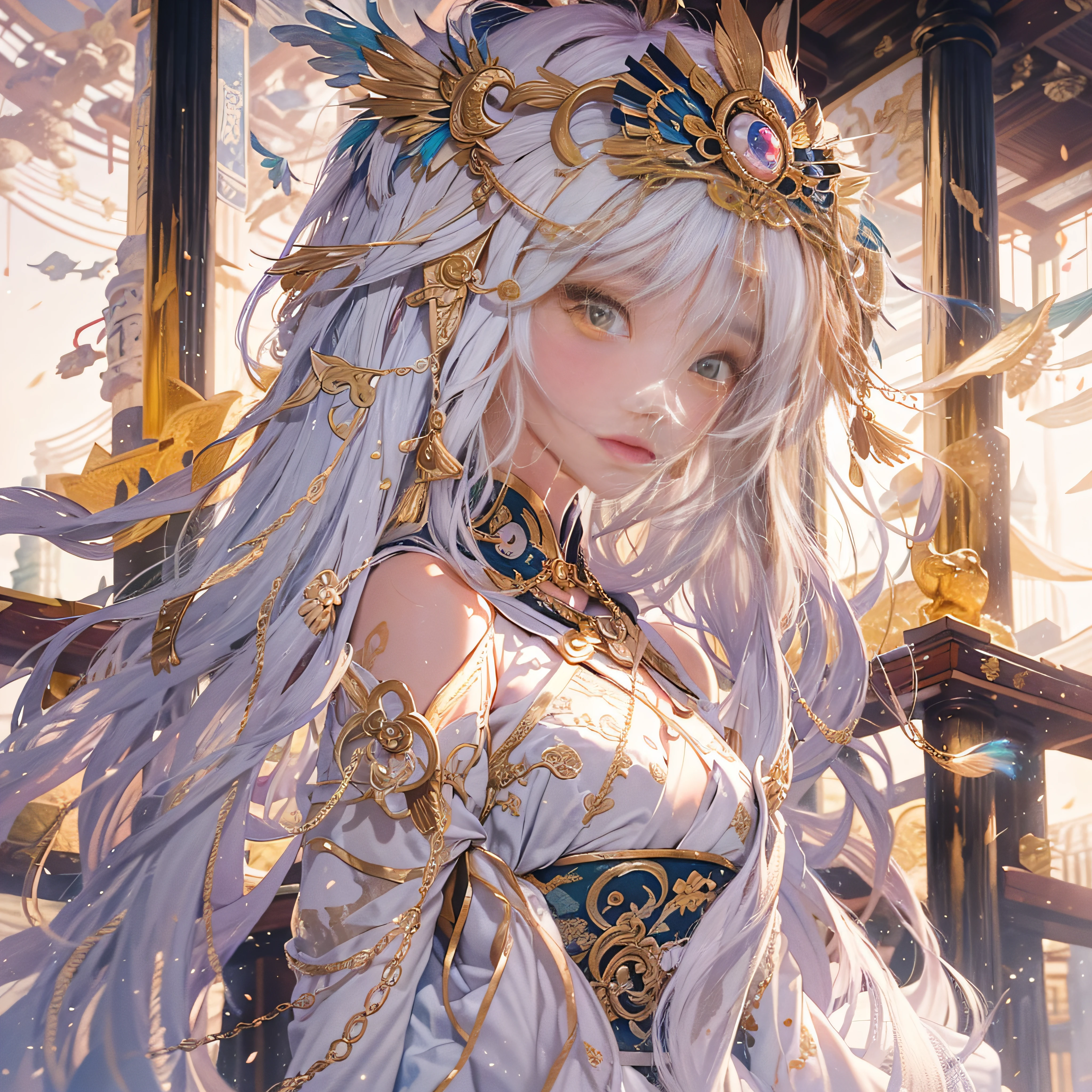 (​masterpiece:1.2)、top-quality、(illustratio:1.2)、ornate decorations、(Masterfully crafted Glow、lensflare)、(ultra-detailliert)、Hyper-detailing、(delicate detail)、(intricate detailes)、(Cinematic Light、best quality backlight)、(Bioluminescent hair)、(radiant eyes)、(Dynamic:1.2)、((make - up))、absolutely eye-catching、prehistory、((Splash of colorful paint on background、dulux、))、((coustics))、dynamic ungle、(魅惑的)、(Intricately detailed cinematic:1.1)、Ambient Occlusion、ambient lights、ray tracing reflection、(The best lighting、extremely delicate and beautiful)、((Movie Light))、colourfull、powerfull、(Cinematic Masterpiece)、big dreamy eyes、perfectly proportions、perfectly drawn face、albedo、White hair、chain、comfy、Intense days々々々々々々々々々々々々々々々々々々々々々々々々々々々、golden sky、seductiv、illustratio、Angels everywhere、yellow  eyes、A red rose、chains、splashes of colour、smooth soft skin、the golden hour、Atmosphere、a park、nobara、bullets、Breathtaking、Ambient light coming from the sky、 chain、godrays、The halo、beautiful intricate colored hair、Symmetrical and soft lighting、concept-art、digitial painting、Take a peek at the scenery、realistic reflection、Soft and warm glow coming from tracers everywhere　Amaterasu　, Incarnation of the Sun, Supreme God of Japan, The god of ancient Japan and the deification of the sun. Ancestors of the Emperor of the Japan, Shinto deity of Japan, Amaterasu Colorful、highestdetailed　Tsukiyomi Dojin, Tsukiyo Mizun, Moon incarnation, Supreme God of Japan, The god of ancient Japan and the deification of the moon. Ancestors of the Emperor of the Japan, Shinto deity of Japan, Amaterasu's sister, The background is the Japan shrine sisters, The background is a shrine of Japan　Colossal tits　plump udder