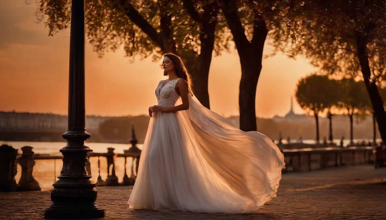 young woman, beautiful woman, gorgeous woman, feminine, delicate, alluring, charming, captivating, mesmerizing, enchanting, youthful, youthful glow, 21 years old, carefree, dreamy, wistful, romantic, romantic mood, light dress, flowing dress, (elegant dress), beautiful dress, delicate fabric, (soft breeze), Paris, city of love, city of lights, historic city, sophisticated city, charming city, cobblestone streets, winding streets, street lamps, (night sky), (twinkling stars), looking up, gazing skyward, (contemplative expression), peaceful, serene, tranquil, dreamy, starry night, magical night, (enchanted atmosphere), captivating skyline, iconic skyline, picturesque scene, timeless scene, romantic scene, unforgettable scene