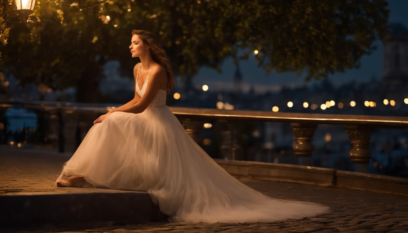 young woman, beautiful woman, gorgeous woman, feminine, delicate, alluring, charming, captivating, mesmerizing, enchanting, youthful, youthful glow, 21 years old, carefree, dreamy, wistful, romantic, romantic mood, light dress, flowing dress, (elegant dress), beautiful dress, delicate fabric, (soft breeze), Paris, city of love, city of lights, historic city, sophisticated city, charming city, cobblestone streets, winding streets, street lamps, (night sky), (twinkling stars), looking up, gazing skyward, (contemplative expression), peaceful, serene, tranquil, dreamy, starry night, magical night, (enchanted atmosphere), captivating skyline, iconic skyline, picturesque scene, timeless scene, romantic scene, unforgettable scene