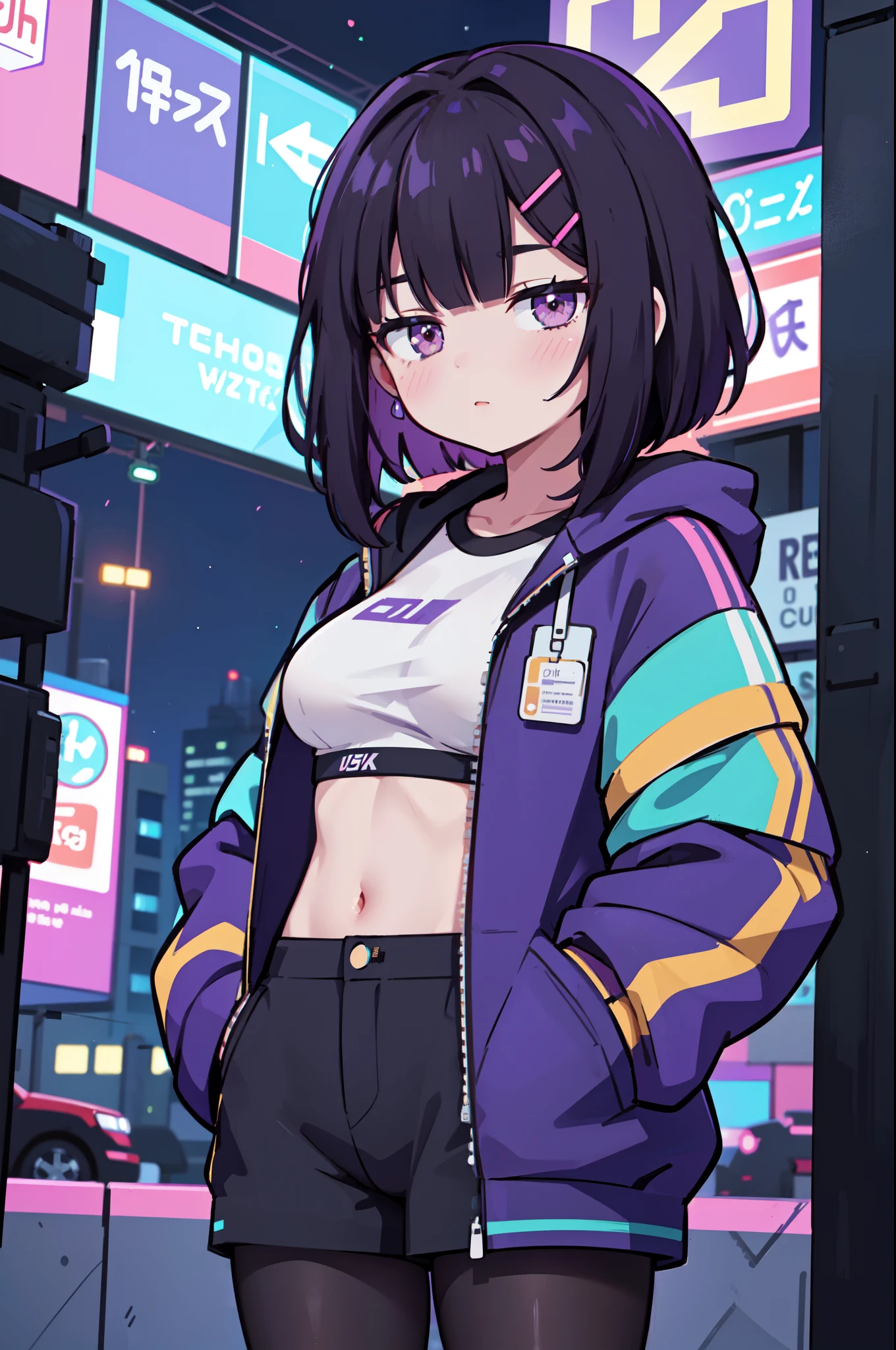 perfect lighting,1 childl,Syuen_nikke, syuenfx, skirt,(black hair,purple streaked hair),white crop top,navel,(purple jacket),bare shoulders,looking at the viewer,evil grin,(flat chest:1.3),(short stature,skinny),(upper bodyt:1.3),top-quality,Top image quality,perfect anatomy,masterpiece,ultra-detailliert,Beautiful,ultra-quality, best quality,high resolution, ultra-detailed,game cg,dutch angle ,beautiful detailed eyes,visualart,five fingers, perfect hands,