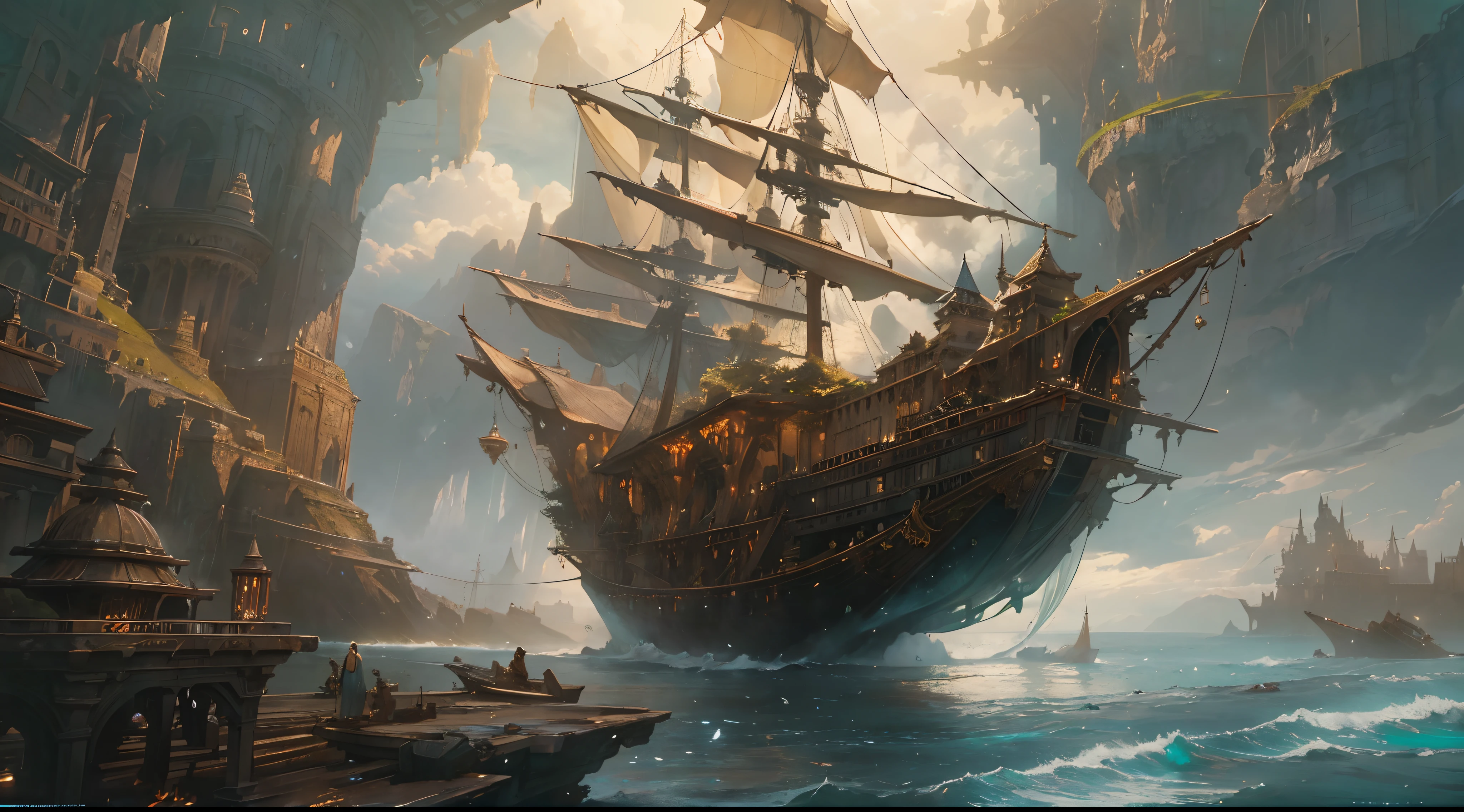 "(by Greg Rutkowski: 1.2), (masterpiece), ((best quality)), extremely delicate and beautiful, illustration, dynamic lighting, (fantasy landscape), A mesmerizing fantasy landscape with enchanting elements blending seamlessly. ((fantasy flying ship, flying above ocean)), A sense of tranquility and wonder fills the air, inviting exploration and discovery. Providing a distant view that captures the grandeur and atmosphere. From Brian Froud and Carne Griffiths and Wadim Kashin and John William Waterhouse, 8K post-production, high resolution, ((highly detailed)), depth of field, HDR, intricate"