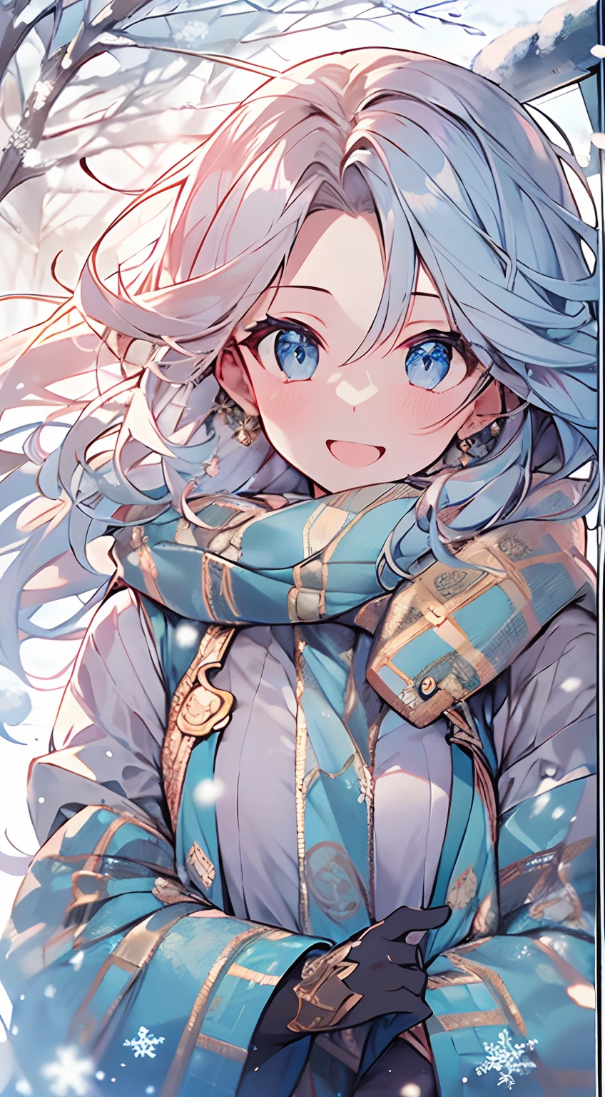 masutepiece, Best Quality,Illustration, Wallpaper, ultra -detail, Absurd beauty, 1beautiful girl、Bright hair color、Glitter and big eyes、Hair fluttering in the wind、ample breasts、♡、Smaller head、Winter scene、miscievous smile、bustup