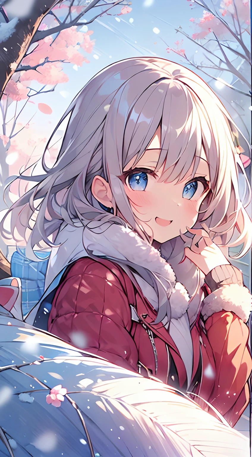 masutepiece, Best Quality,Illustration, Wallpaper, ultra -detail, Absurd beauty, 1beautiful girl、Bright hair color、Glitter and big eyes、Hair fluttering in the wind、ample breasts、♡、Smaller head、Winter scene、miscievous smile、bustup