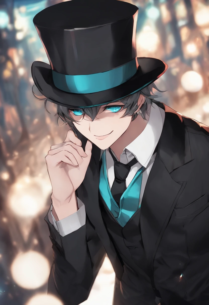 1boy, solo, kurofuku, necktie, male focus, black suit, upper body, black pants,inky body,cyan eye,grin, wearing a top hat, mystery being