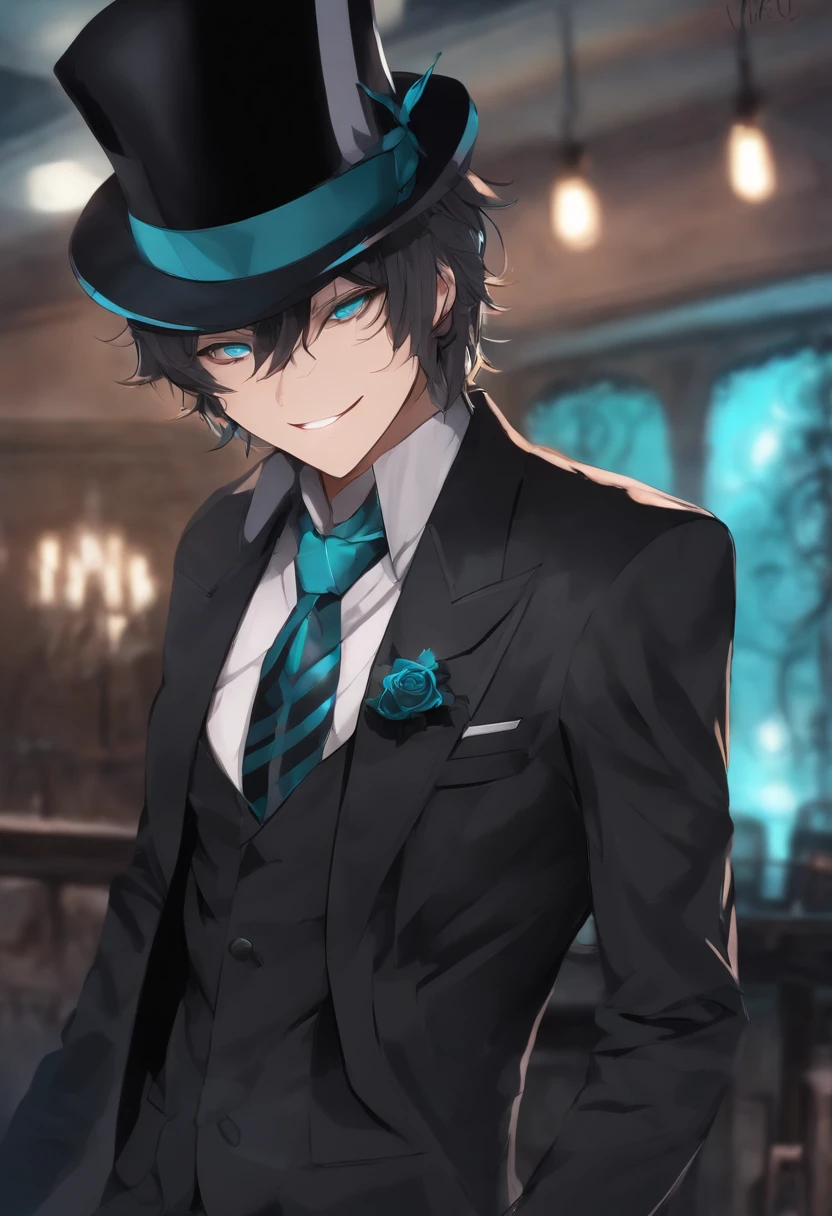 1boy, solo, kurofuku, necktie, male focus, black suit, upper body, black pants,inky body,cyan eye,grin, wearing a top hat, mystery being
