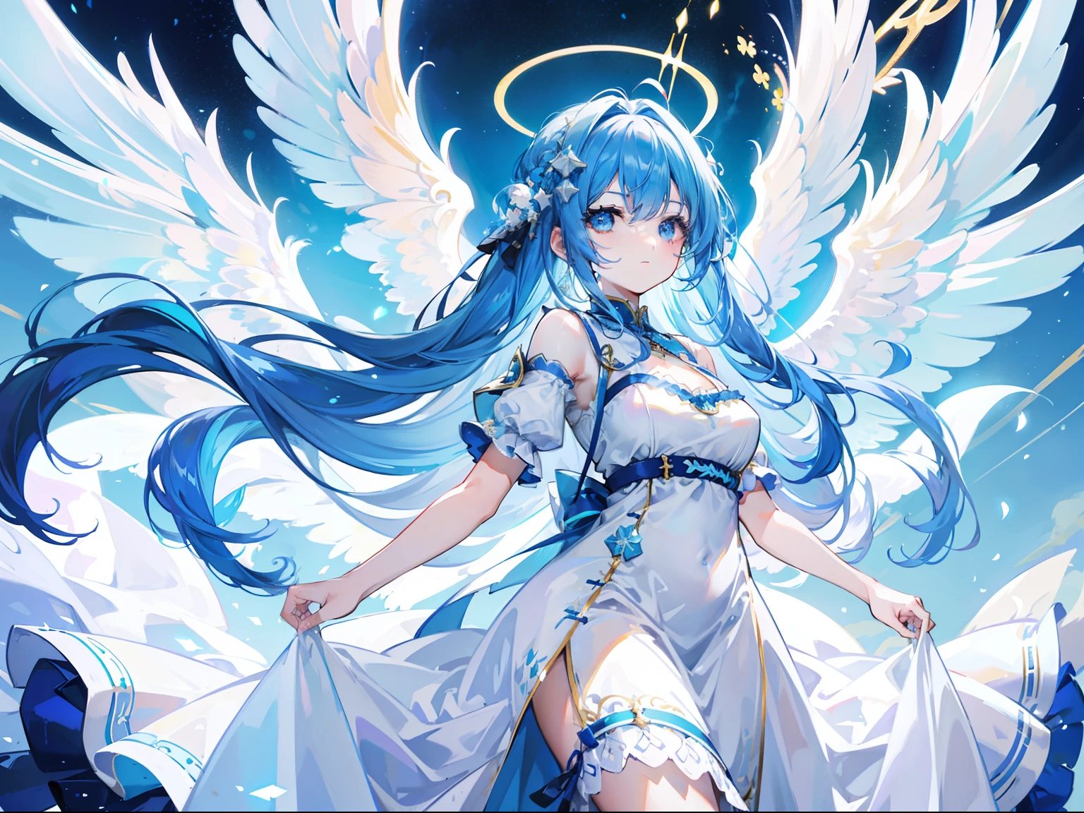 (ultra-intricate pupil in eyes, shiny eyes), long eyelashes, double eyelids, parted lips, kawaii, cute, ( small chest), slender, (ultra delicate and beautiful skin), insanely detailed clothes, perfect anatomy, dynamic angle, BREAK (masterpiece, best quality), (ultra-detailed 8K), (perfect design), blue hair,absurdres, highres, ((blush)), (super fine illustration), ((light blue long hair))), , long hair ((blush)), masterpiece, best quality, (amazing, beautiful detailed eyes, blunt bangs), high resolution, cute face, masterpiece, best quality, extremely detailed, anime, beautiful girl, wind, solo, depth of field, masterpiece, best quality, extremely detailed, detailed, ultra-detailed, masterpiece, 8k wallpaper,
Beautiful girl with blue hair,ssmile,white dresses,Barefoot,angelicales,Angel wings,Stand in heaven,radiating with light,
(Best Quality, Masterpiece: 1.1), (Realistic: 1.4), god ray,,blue eyes, full body, hourglass body shape, crystallineAI ,fractal art, splash,An angel is depicted with a pale and luminous complexion, their skin seemingly glowing with an otherworldly radiance. They are adorned with a pair of sparkling and graceful wings, symbolizing their divine nature. The scene is ethereal and enchanting, capturing the beauty and mystery of these celestial beings. angel, pale, luminous, complexion, glowing, otherworldly, radiance, sparkling, graceful, wings, divine, ethereal, enchanting, beauty, mystery.upper body,