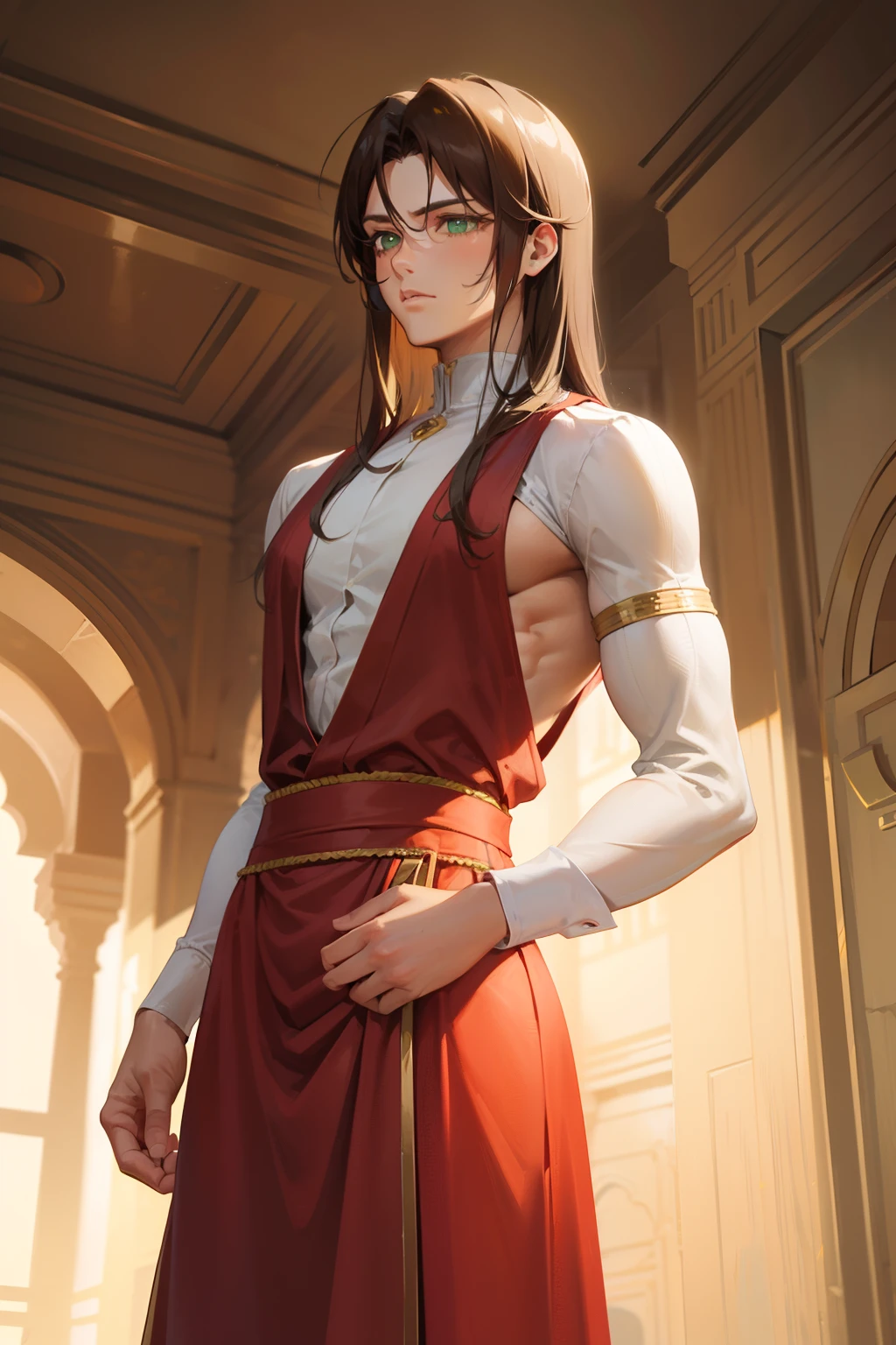 Male. green eyes. Big pecs. Tousled long light brown hair. Masculine posture. Strong jawline. Wears a tight western monk habit. Standing upright on middle of an indian palace.