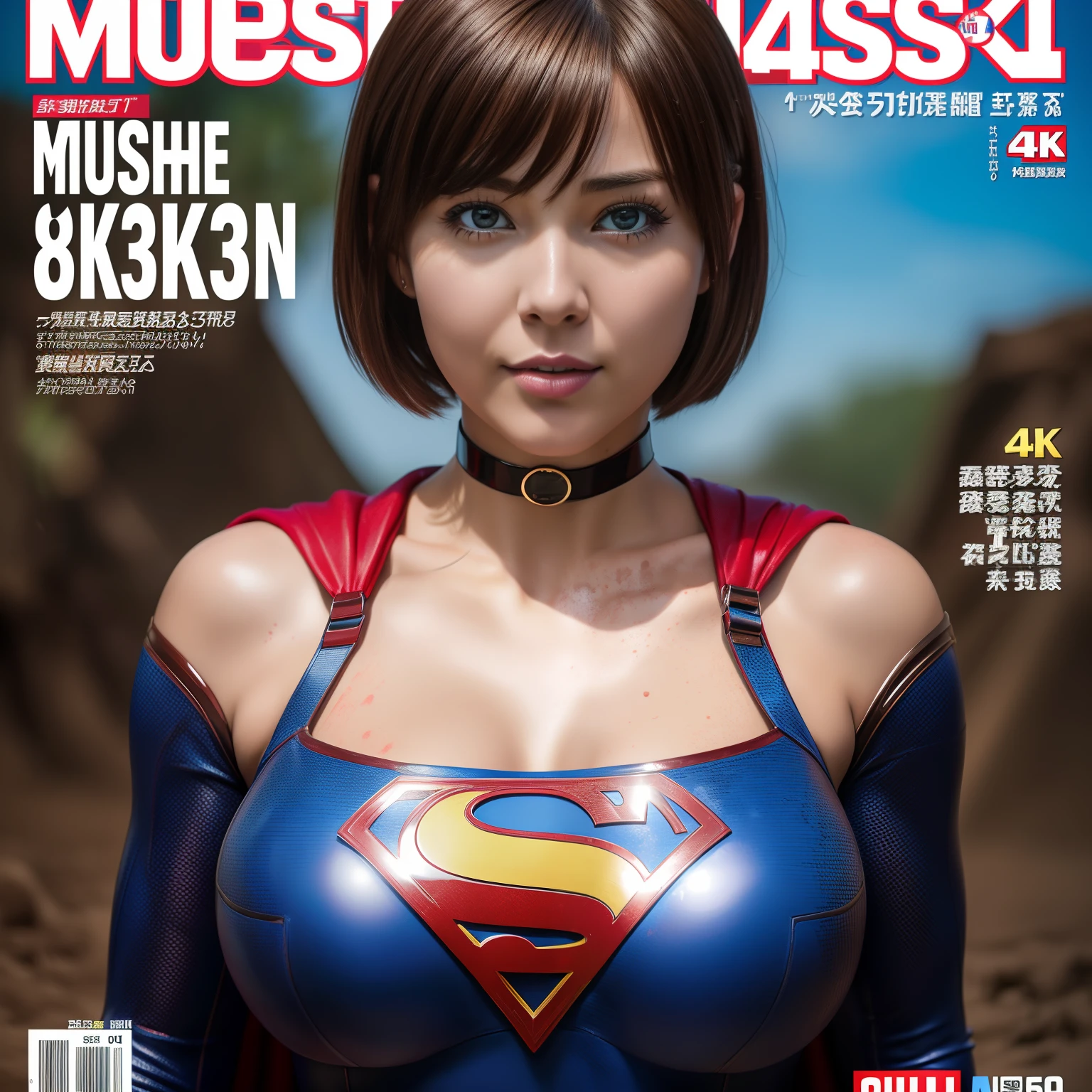 (Best Quality,4K,8K,hight resolution,masutepiece:1.2),Ultra-detailed,Realistic:1.37,Super masterpiece,Short-haired Supergirl addicted to a quagmire、large full breasts、Looking at the camera、Glossy costume、a choker、Covered in mud、Weekly magazine cover、Splattering droplets