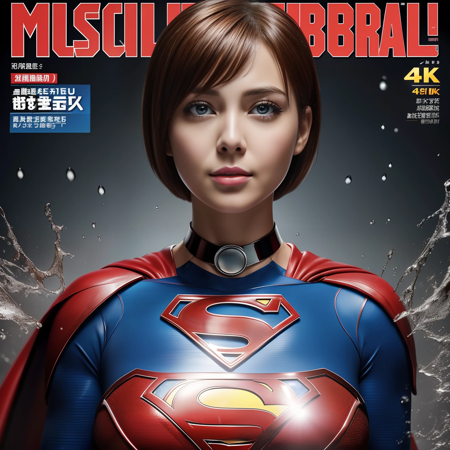 (Best Quality,4K,8K,hight resolution,masutepiece:1.2),Ultra-detailed,Realistic:1.37,Super masterpiece,Short-haired Supergirl addicted to a quagmire、large full breasts、Looking at the camera、Glossy costume、a choker、Covered in mud、Weekly magazine cover、Splattering droplets