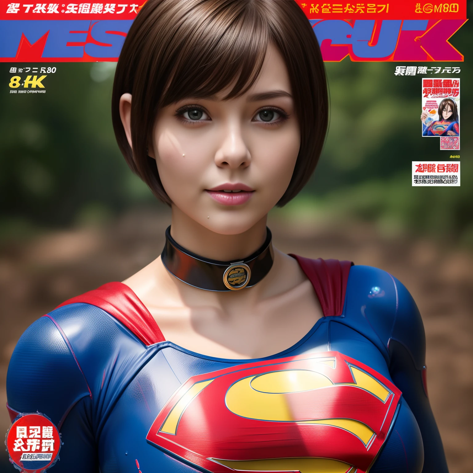 (Best Quality,4K,8K,hight resolution,masutepiece:1.2),Ultra-detailed,Realistic:1.37,Super masterpiece,Short-haired Supergirl struggling in a quagmire、large full breasts、Looking at the camera、Glossy costume、a choker、Covered in mud、Weekly magazine cover、Splattering droplets
