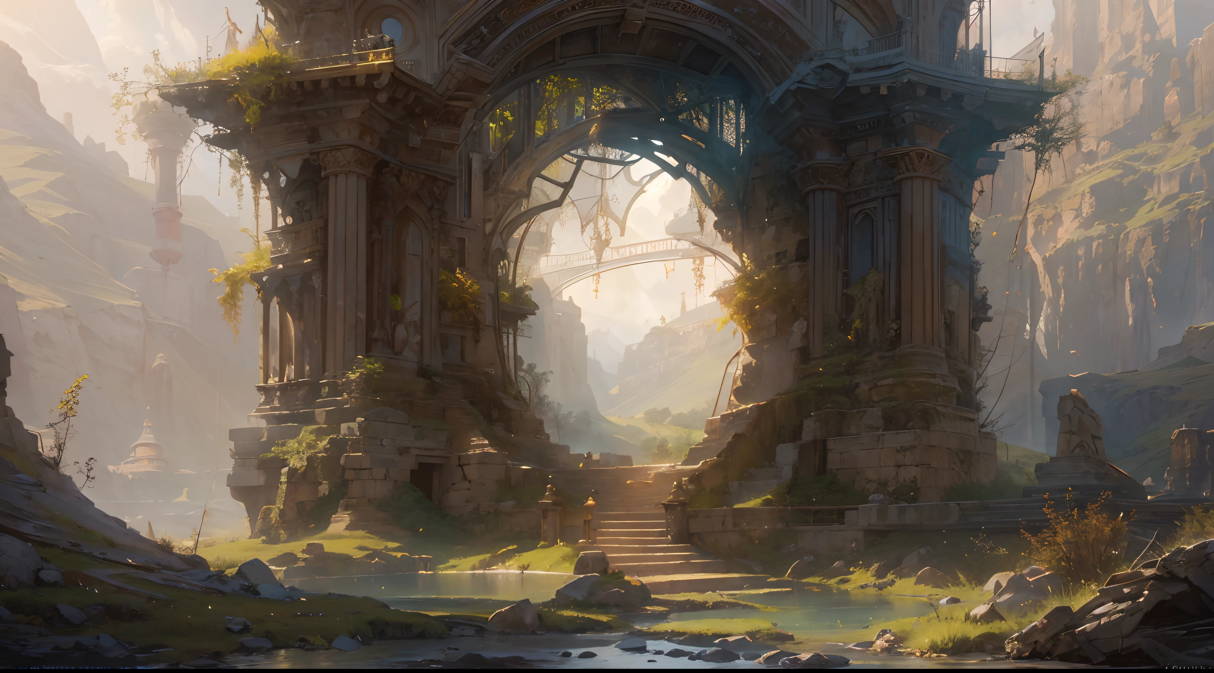 "(by Greg Rutkowski: 1.2), (masterpiece), ((best quality)), extremely delicate and beautiful, illustration, dynamic lighting, (fantasy landscape), A mesmerizing fantasy landscape with enchanting elements blending seamlessly. ((magical portal between world opened)), A sense of tranquility and wonder fills the air, inviting exploration and discovery. Providing a distant view that captures the grandeur and atmosphere. From Brian Froud and Carne Griffiths and Wadim Kashin and John William Waterhouse, 8K post-production, high resolution, ((highly detailed)), depth of field, HDR, intricate, (no human)"