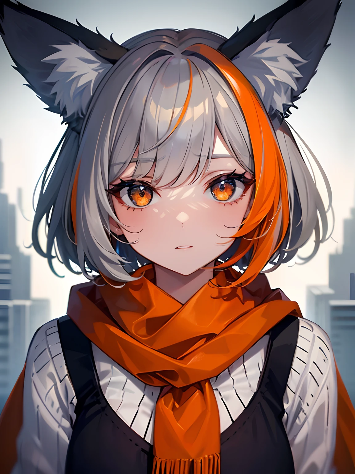 (masterpiece,best quality,ultra detailed),1girl,orange hair,bob cut,hair over eye, beautiful and detailed face, detailed eyes,fox ears,cardigan,scarf,(grey and grayish orange theme)
