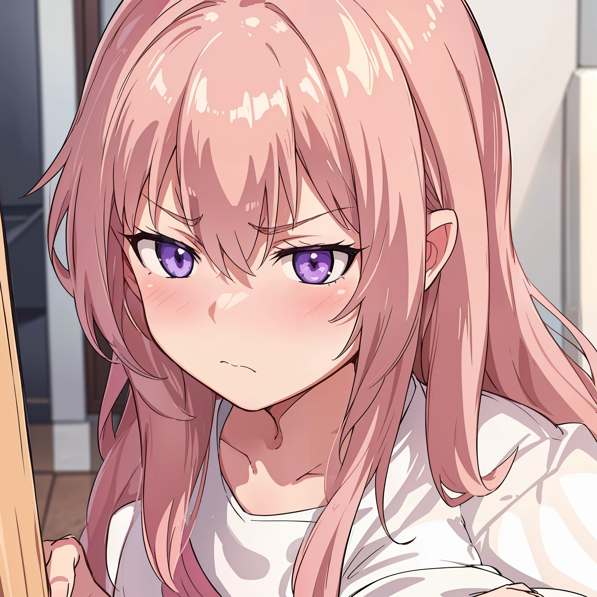 A girl. rose hair. white tshirt. frowning face. violet eyes. furrowed brow. lowered eyes. against the background of the hallway of the room