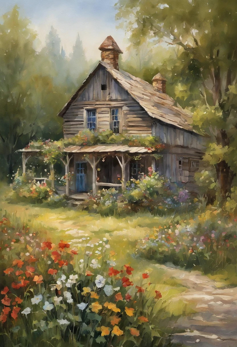a rustic, weathered structure nestled amidst rolling green fields, surrounded by a white picket fence, with a charming stone pathway leading up to its front porch. The cabin itself boasts a sturdy, timber frame, adorned with intricate carvings, showcasing the craftsmanship of a bygone era. Its windows, adorned with lace curtains, invite warm sunlight to filter through, casting gentle shadows on the wooden floors within. The surrounding landscape is dotted with blooming wildflowers, their vibrant hues contrasting against the rustic backdrop. A gentle breeze rustles the leaves of the towering oak trees, their branches providing shade and a sense of tranquility. The air carries the faint scent of freshly cut grass and the distant melodies of chirping birds. The atmosphere exudes a peaceful and idyllic charm, transporting the viewer to a simpler time.、Clear dots of color、Highly detailed ::n_style Anime、Photorealsitic、Deformed、glitched、highcontrast、noisy ::seed 1000