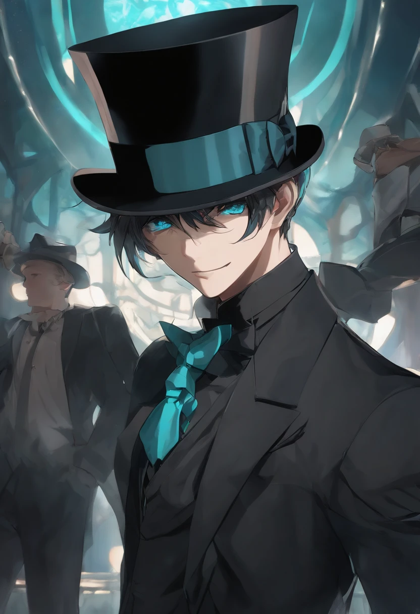 1boy, solo, kurofuku, necktie, male focus, black suit, upper body, black pants,inky body,cyan eye,grin, wearing a top hat, mystery being, extremely detailed eyes