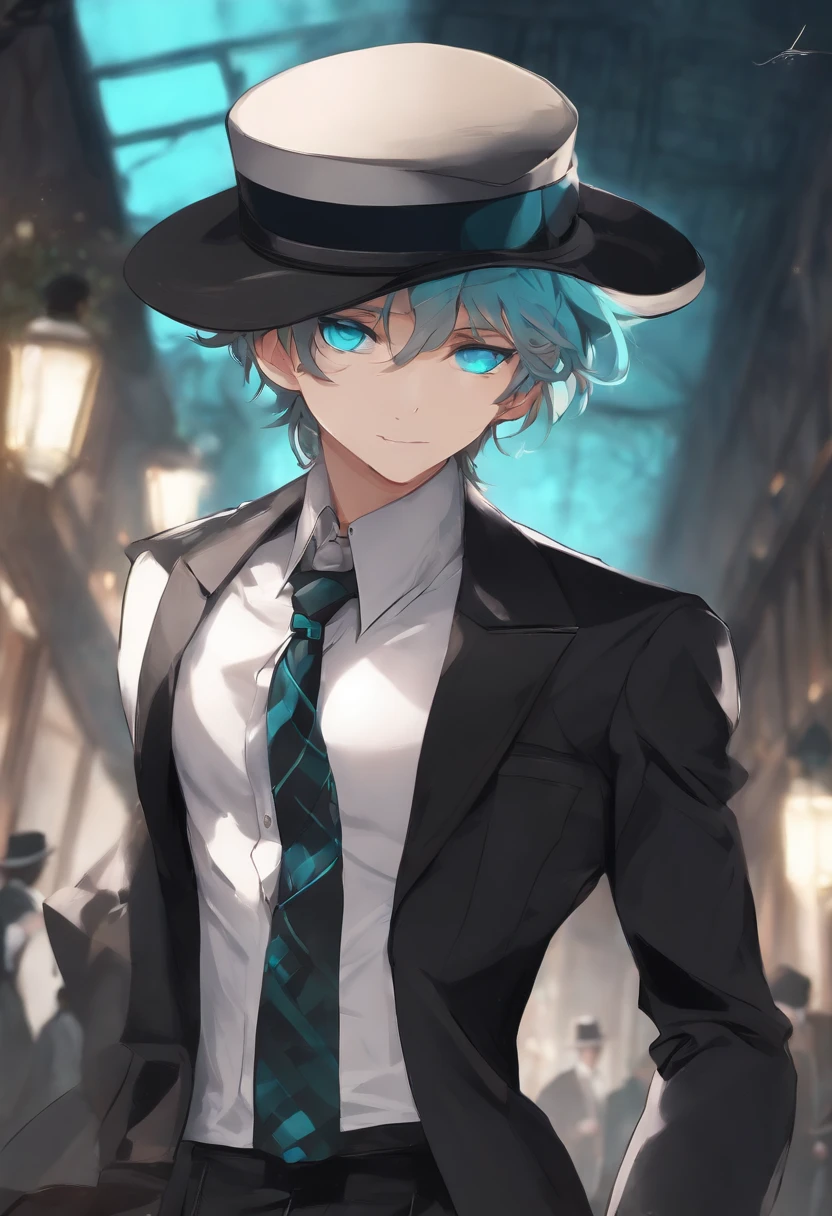 1boy, solo, kurofuku, necktie, male focus, black suit, upper body, black pants,inky body,cyan eye,grin, wearing a top hat, mystery being, extremely detailed eyes