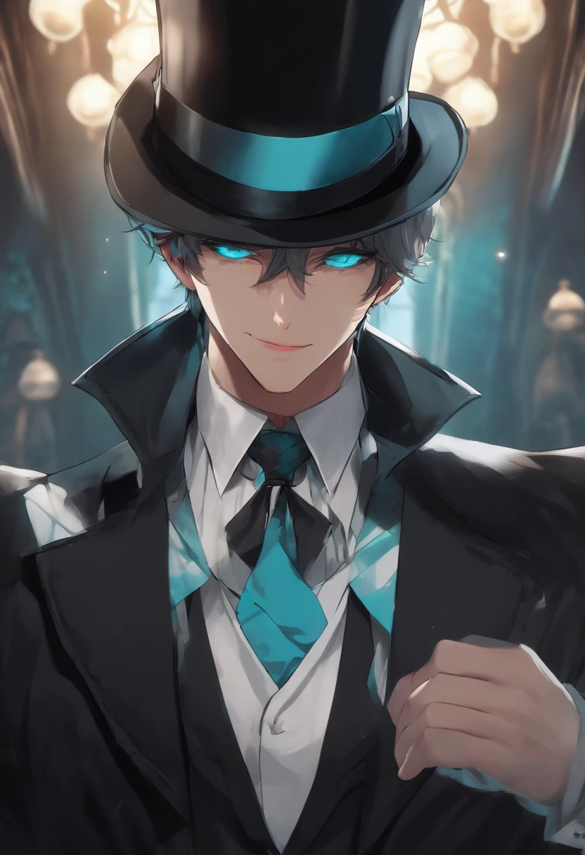 1boy, solo, kurofuku, necktie, male focus, black suit, upper body, black pants,inky body,cyan eye,grin, wearing a top hat, mystery being, extremely detailed eyes