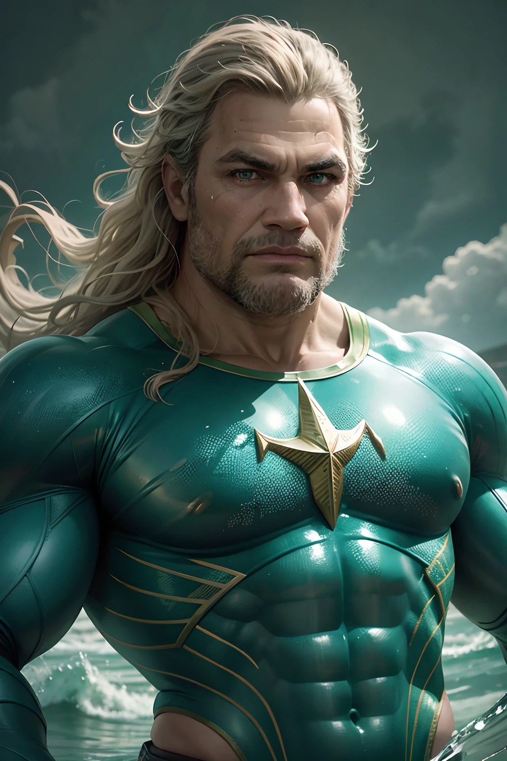 [Aquaman Brasileiro], [digital illustation], [Estilo Heroico], [Carlos ArteHeroica], [ArtStation], [High definition to highlight the connection to the ocean], [Vibrant and aquatic colors], [Underwater lighting], [Lente de close-up para mostrar detalhes do traje]