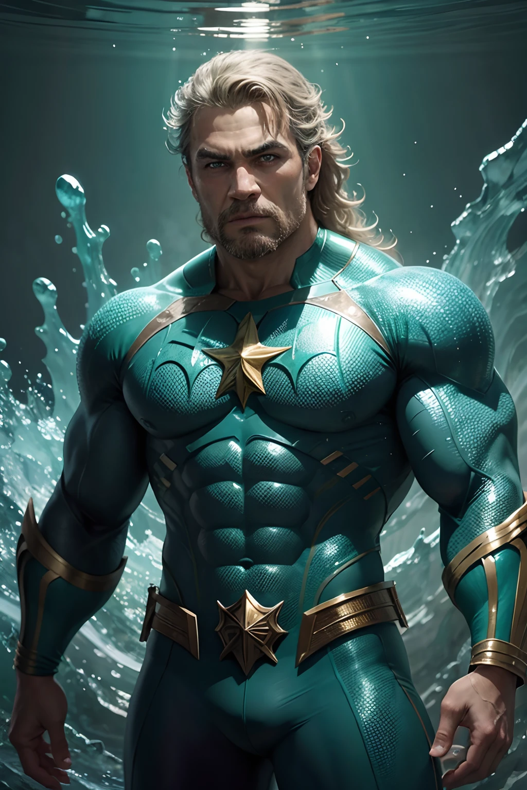 [Aquaman Brasileiro], [digital illustation], [Estilo Heroico], [Carlos ArteHeroica], [ArtStation], [High definition to highlight the connection to the ocean], [Vibrant and aquatic colors], [Underwater lighting], [Lente de close-up para mostrar detalhes do traje]