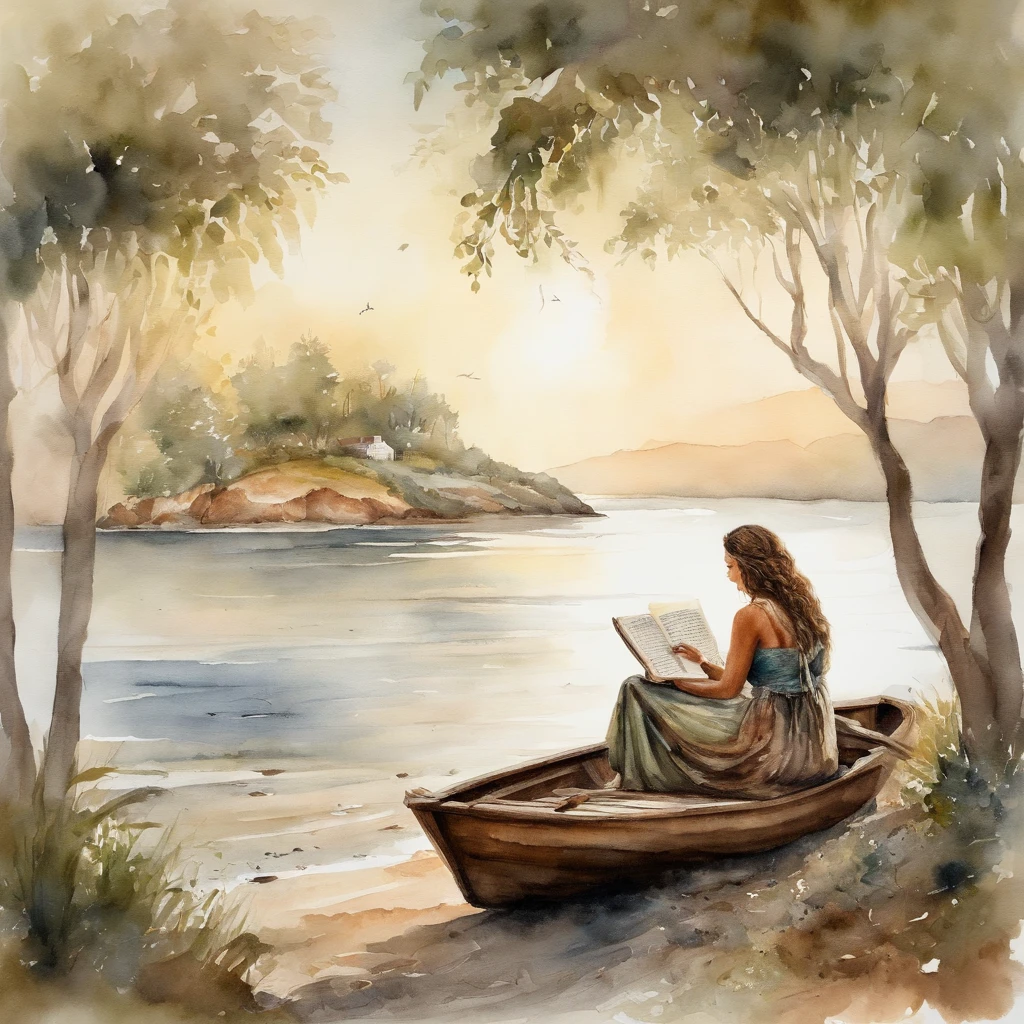 "Mulher no barco de madeira estilo cottagecore vintage com uma flor em seu cabelo, captured in a beautifully detailed scene with good lighting. The image has a realistic and highly artistic quality, assemelhando-se a uma obra-prima. The woman is writing, e o fundo apresenta um fundo branco limpo, reminiscente de desenhos de adesivos."