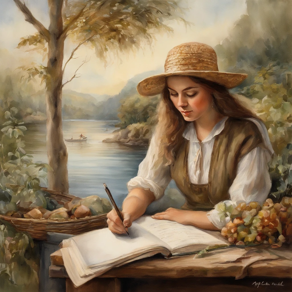 "Mulher no barco de madeira estilo cottagecore vintage com uma flor em seu cabelo, captured in a beautifully detailed scene with good lighting. The image has a realistic and highly artistic quality, assemelhando-se a uma obra-prima. The woman is writing, e o fundo apresenta um fundo branco limpo, reminiscente de desenhos de adesivos."