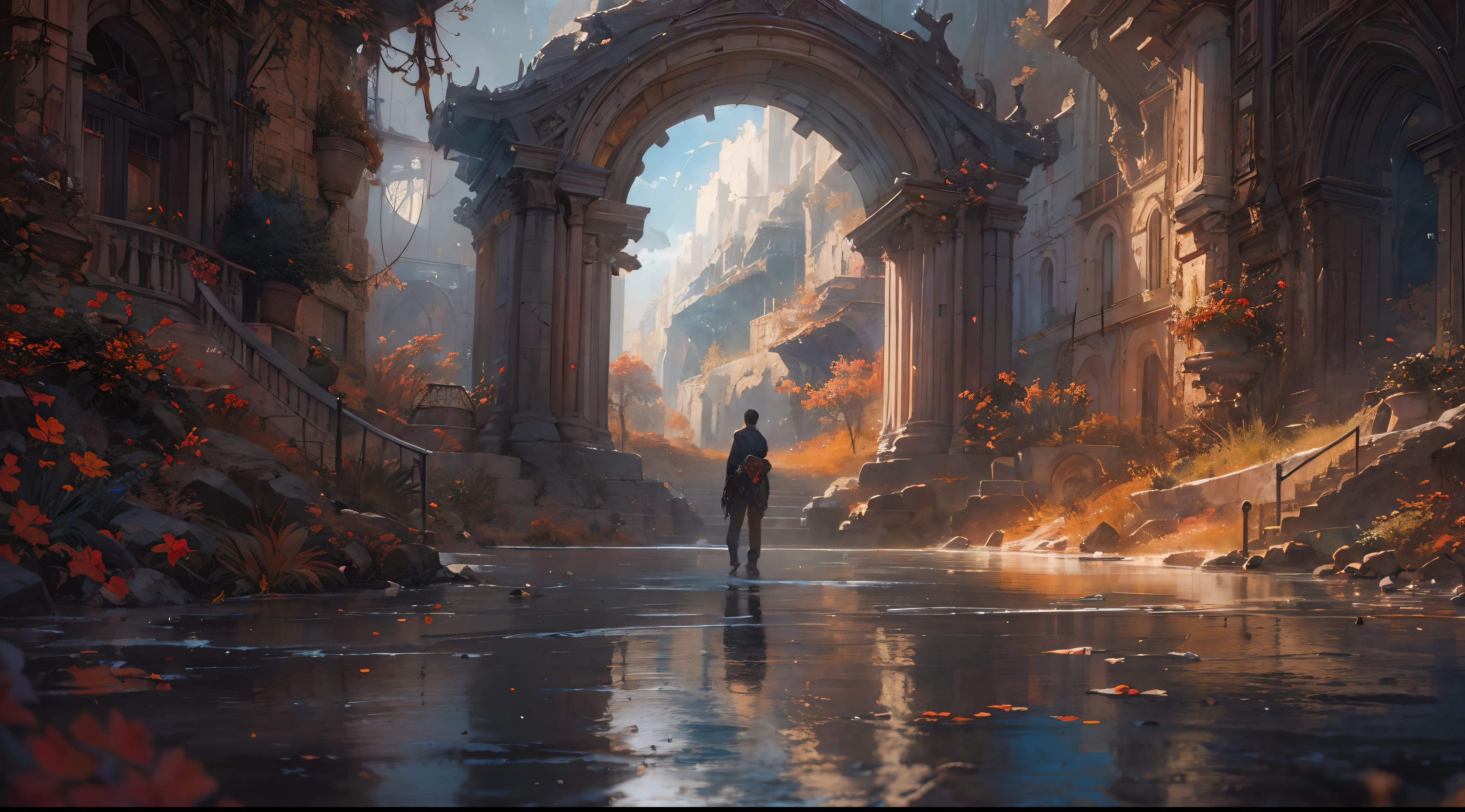 "(by Greg Rutkowski: 1.2), (masterpiece), ((best quality)), extremely delicate and beautiful, illustration, dynamic lighting, (fantasy landscape), A mesmerizing fantasy landscape with enchanting elements blending seamlessly. ((magical portal between world opened)), A sense of tranquility and wonder fills the air, inviting exploration and discovery. Providing a distant view that captures the grandeur and atmosphere. From Brian Froud and Carne Griffiths and Wadim Kashin and John William Waterhouse, 8K post-production, high resolution, ((highly detailed)), depth of field, HDR, intricate, (no human)"