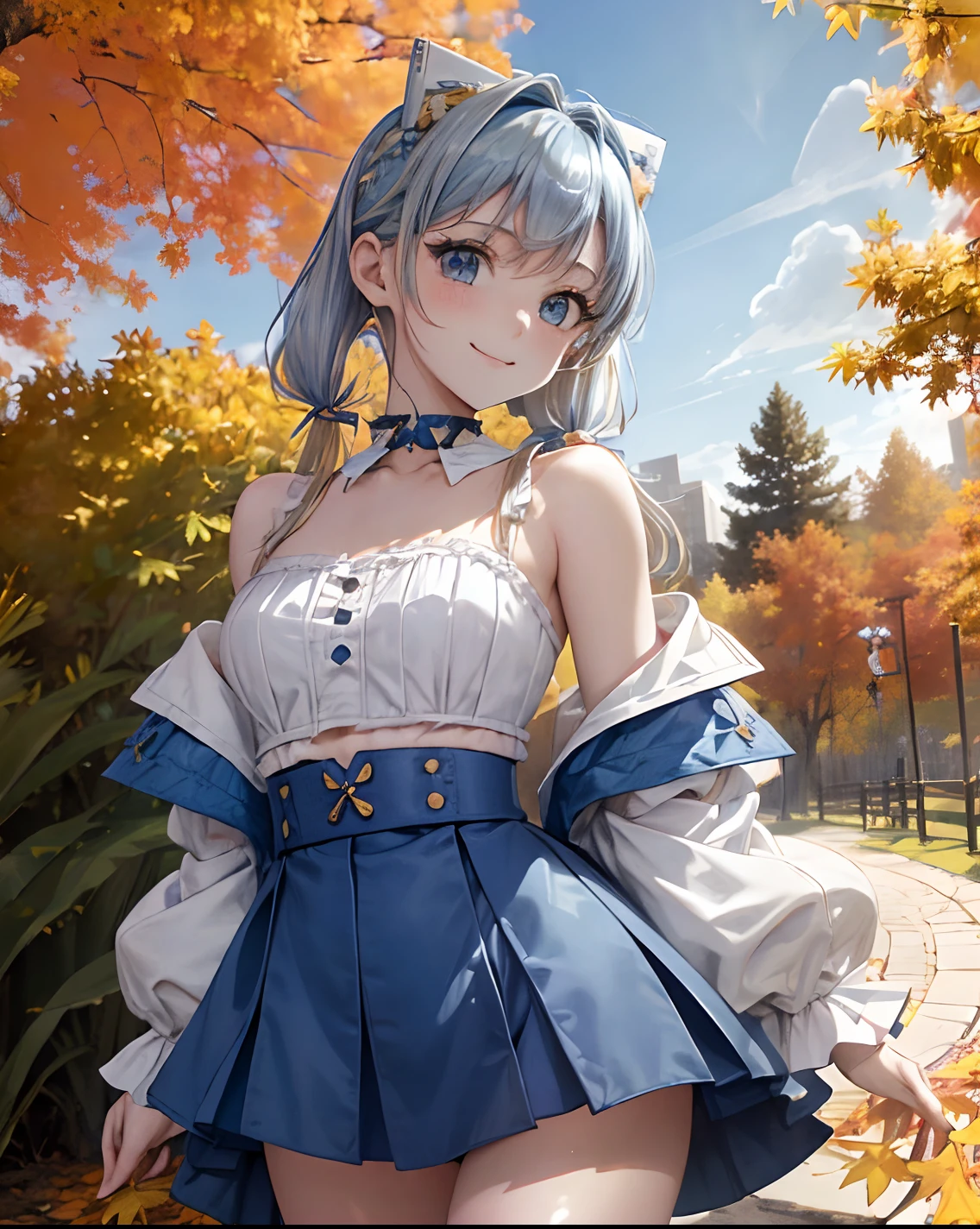 absurderes, ultra-detailliert,bright colour, extremely beautiful detailed anime face and eyes, 25 years old,(Blue sky in autumn:1.4)、In a row of ginkgo trees , asymmetrical bangs,(Blonde hair with short twin tails), Shiny hair, Delicate beautiful face, red blush、(Deep Blue Eyes:1.3), White skin, hair clips, (bolero:1.4)、Happy smile、Slender body、(sun light)、a choker、