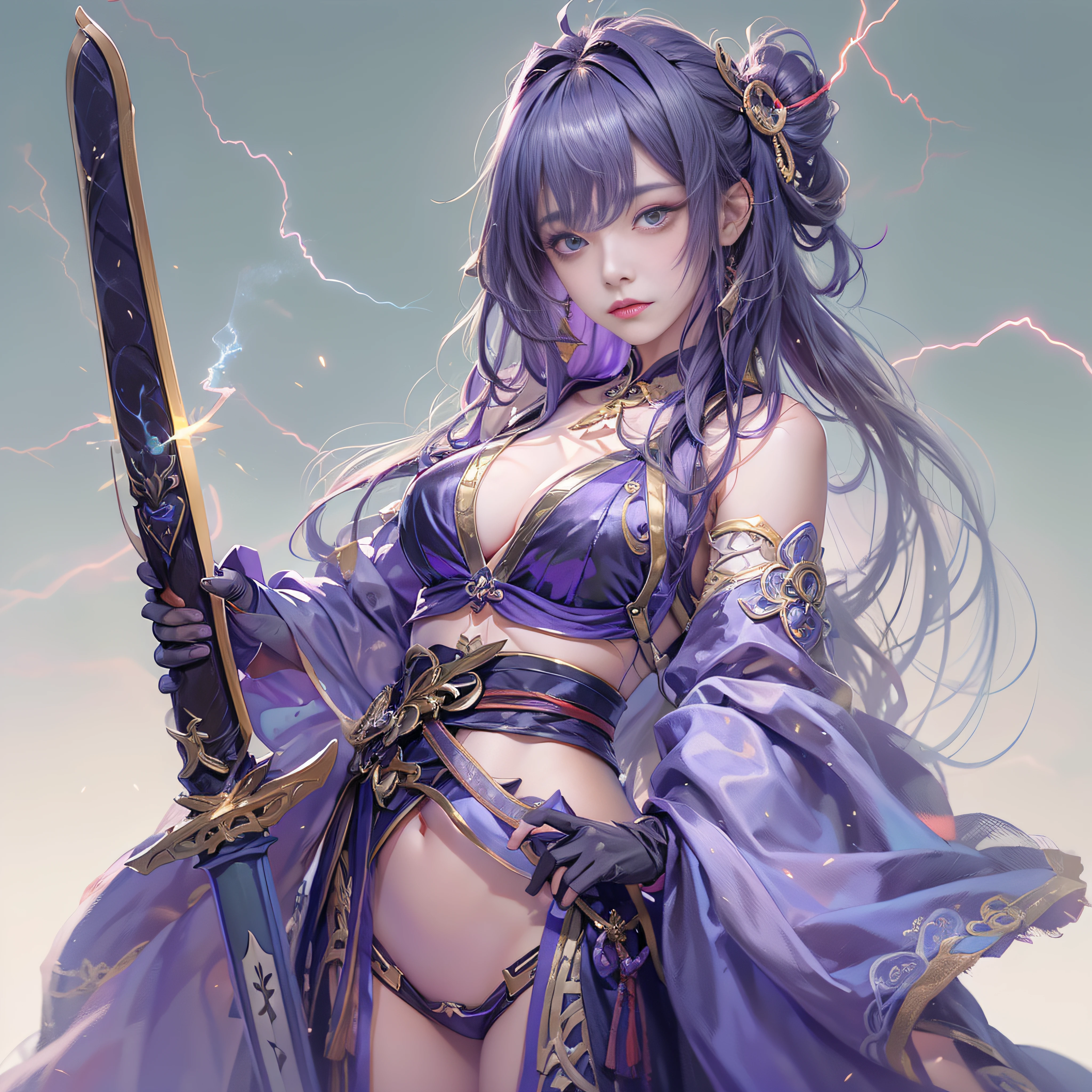 masterpiece、best qualtiy、the detail、depth of fields、Ultra-realistic and realistic face and eyes、realistic skin textures、电影灯光、Gaze on the audience。1 girl in、独奏、(frowned、Mouth closed)、Ketin_\(Genshin_impactful\)、Purple_Eyes、purple color hair、both sides、sharp eye、serious faces、gloves、Black stockings、outside of house、purple lightning、Fileg、Lightning shining sword、purple lightning、full body Esbian、Japan Costume huge udder High exposure、Japan holding a sword in his hand、Japanese dress、Colossal tits