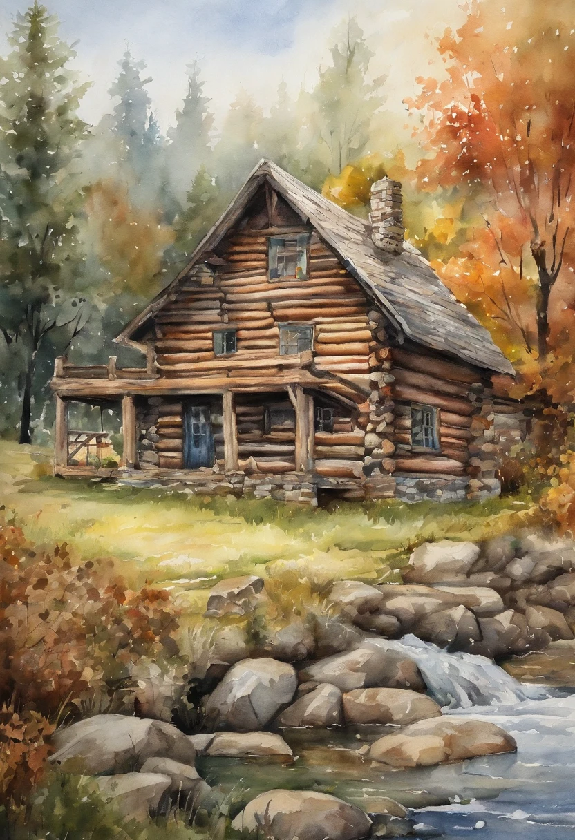 A masterpiece and very detailed painting of a log cabin on a farm、Clear dots of color、Highly detailed ::n_style Anime、Photorealsitic、Deformed、glitched、highcontrast、noisy ::seed 1000