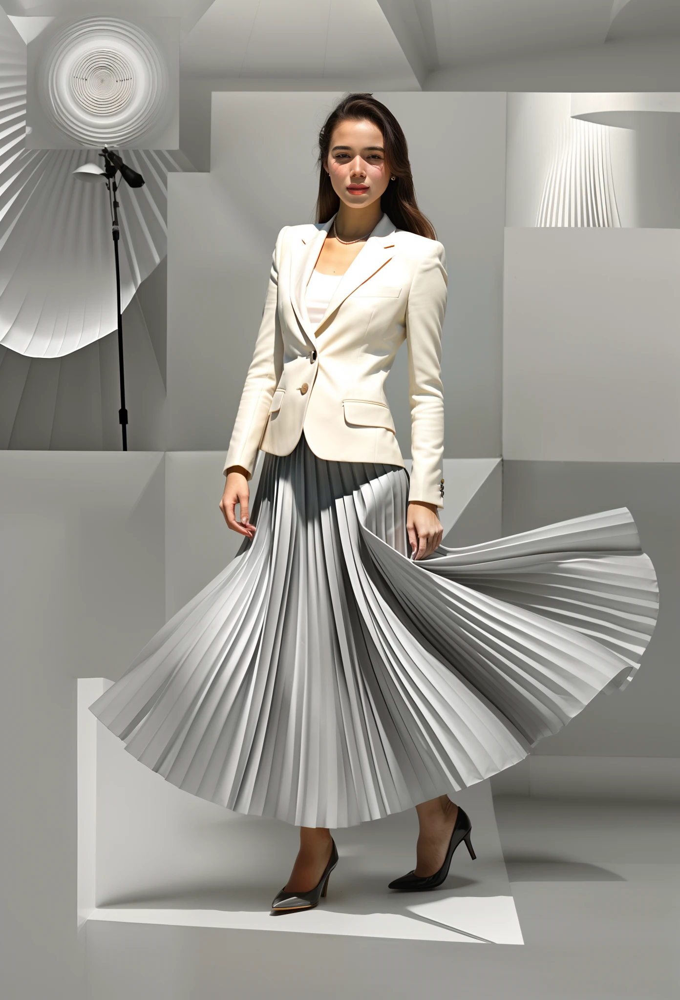 1951, very (young:1,9) girl wearing short blazer and very very detailed (long (fully pleated) full circle skirt) and (simple) low heeled office shoes, very very intricate hyper-detailed symmetric (attractive graceful young feminine face) with (sad, tired eyes and a shy smile), large breasts, full of empathy and compassion and love, (pronounced (feminine) features), (highly detailed ultra accurate realistic) hands and fingers, playing with skirt, dancing, (windy conditions and wind blowing), epic composition, highly detailed attributes, highly detailed atmosphere, (35mm f1.4 Kodak portra 400 photograph), extremely high quality RAW photograph,