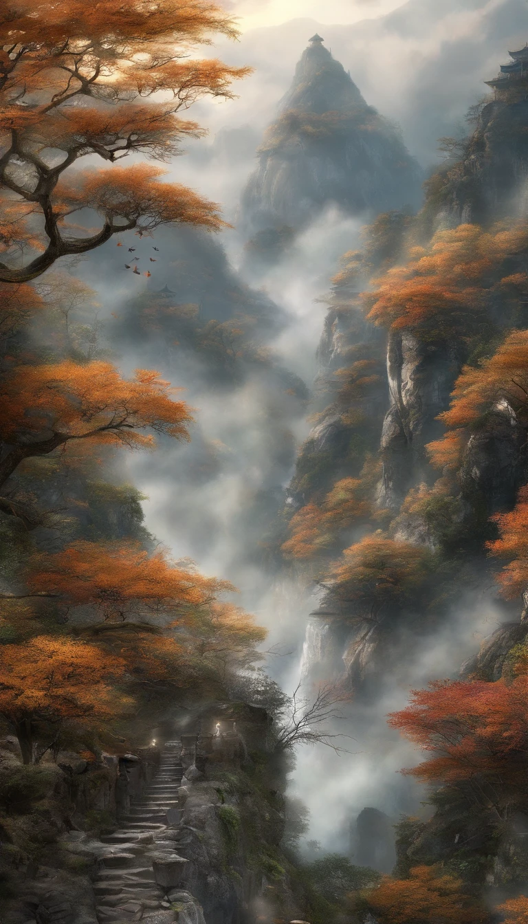 Hengshan Mountain is shrouded in dense mist, which is definitely a dreamy scene in a fairyland. Butterflies are dancing in the air, and their light wings twinkle in the mist. The mist is swirling around the peaks, revealing the beautiful scenery of deep autumn tones. This picture is like a finely-detailed ink painting that no one wants to miss. --ar 9:16