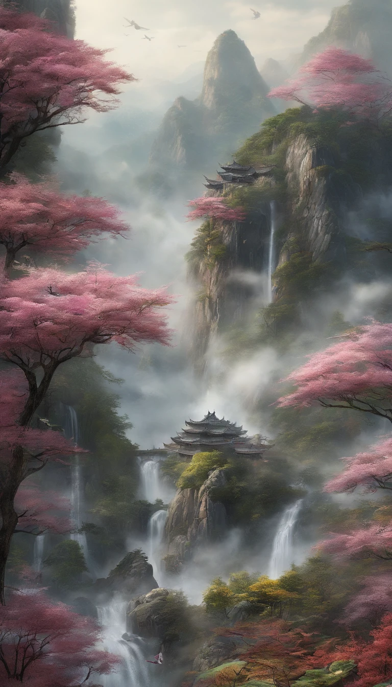 Hengshan Mountain is shrouded in dense mist, which is definitely a dreamy scene in a fairyland. Butterflies are dancing in the air, and their light wings twinkle in the mist. The mist is swirling around the peaks, revealing the beautiful scenery of deep autumn tones. This picture is like a finely-detailed ink painting that no one wants to miss. --ar 9:16