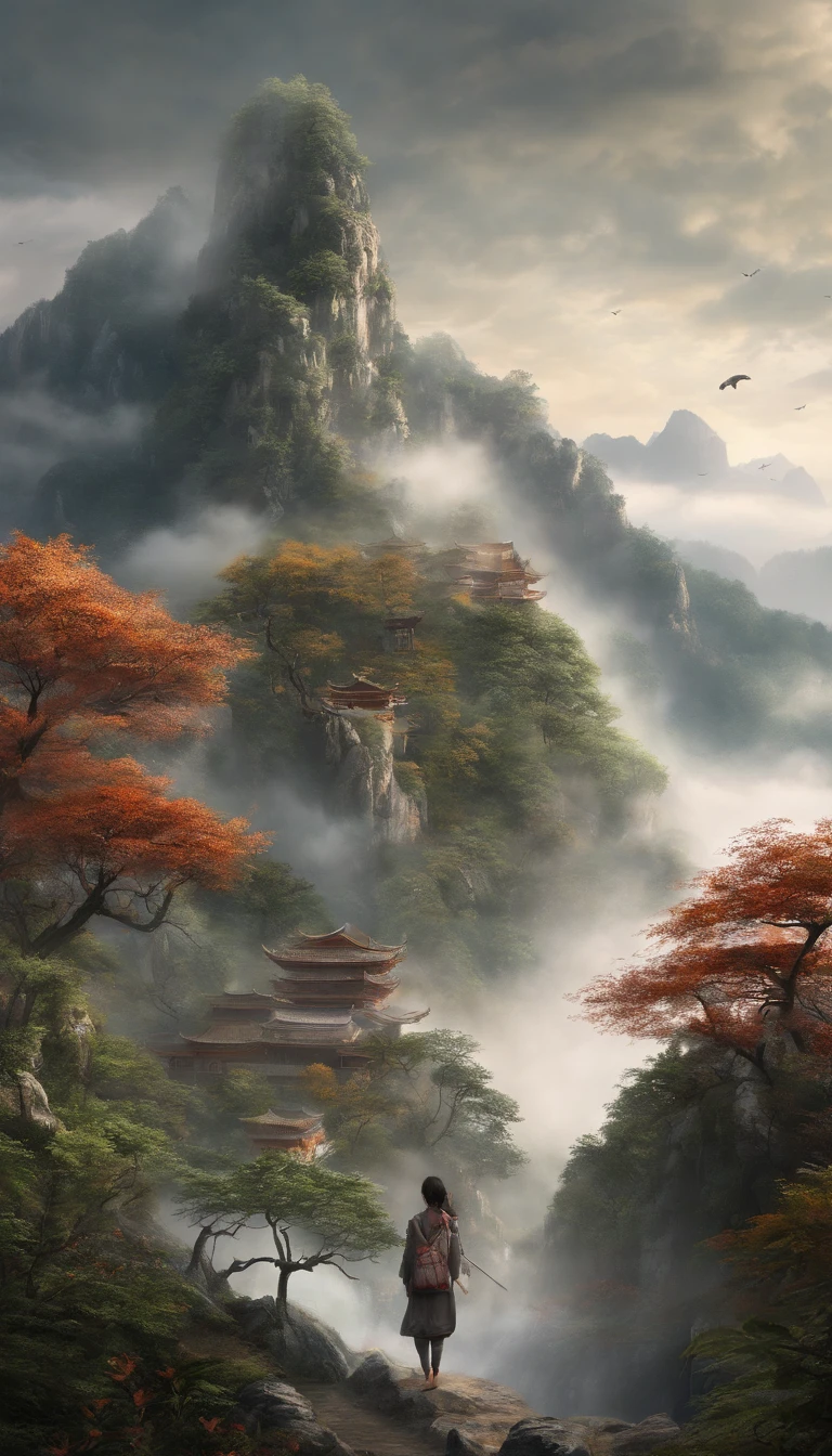 Hengshan Mountain is shrouded in dense mist, which is definitely a dreamy scene in a fairyland. Butterflies are dancing in the air, and their light wings twinkle in the mist. The mist is swirling around the peaks, revealing the beautiful scenery of deep autumn tones. This picture is like a finely-detailed ink painting that no one wants to miss. --ar 9:16