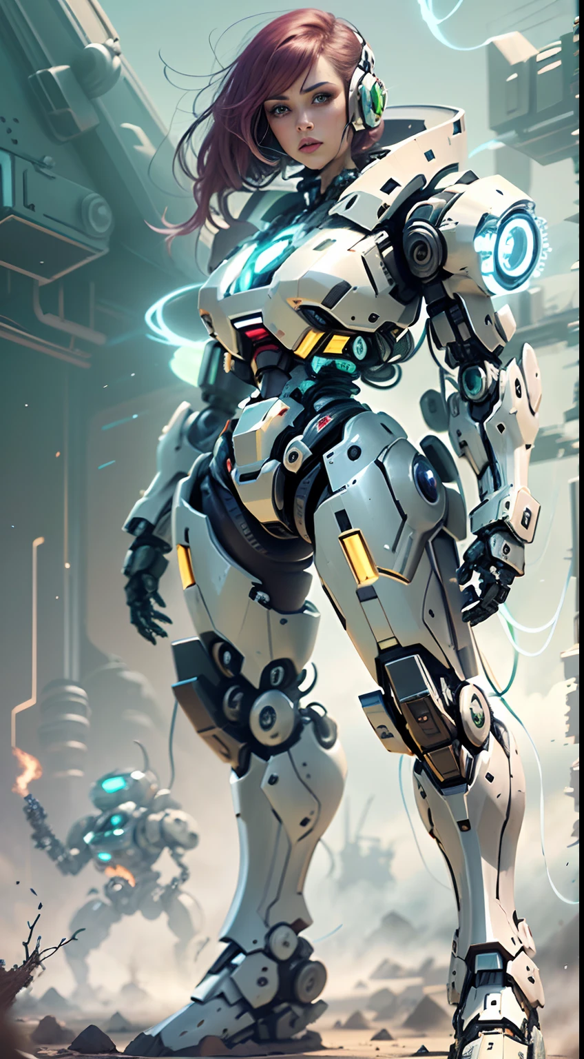 1 chica Soldado estilo pistola en el fondo, Chica en Mech Blanco, Cyberpunk anime chica mecha, Wearing sci-fi military armor, Hermosa chica blanca cyborg, Cyborg - Chica de plata, Mech blanco de Fira, Eco de Overwatch, Perfecto anime cyborg mujer, Pupilas azules, Cinco dedos, CGhSociety inspirado campo de batalla, alien planet, Alien battle,