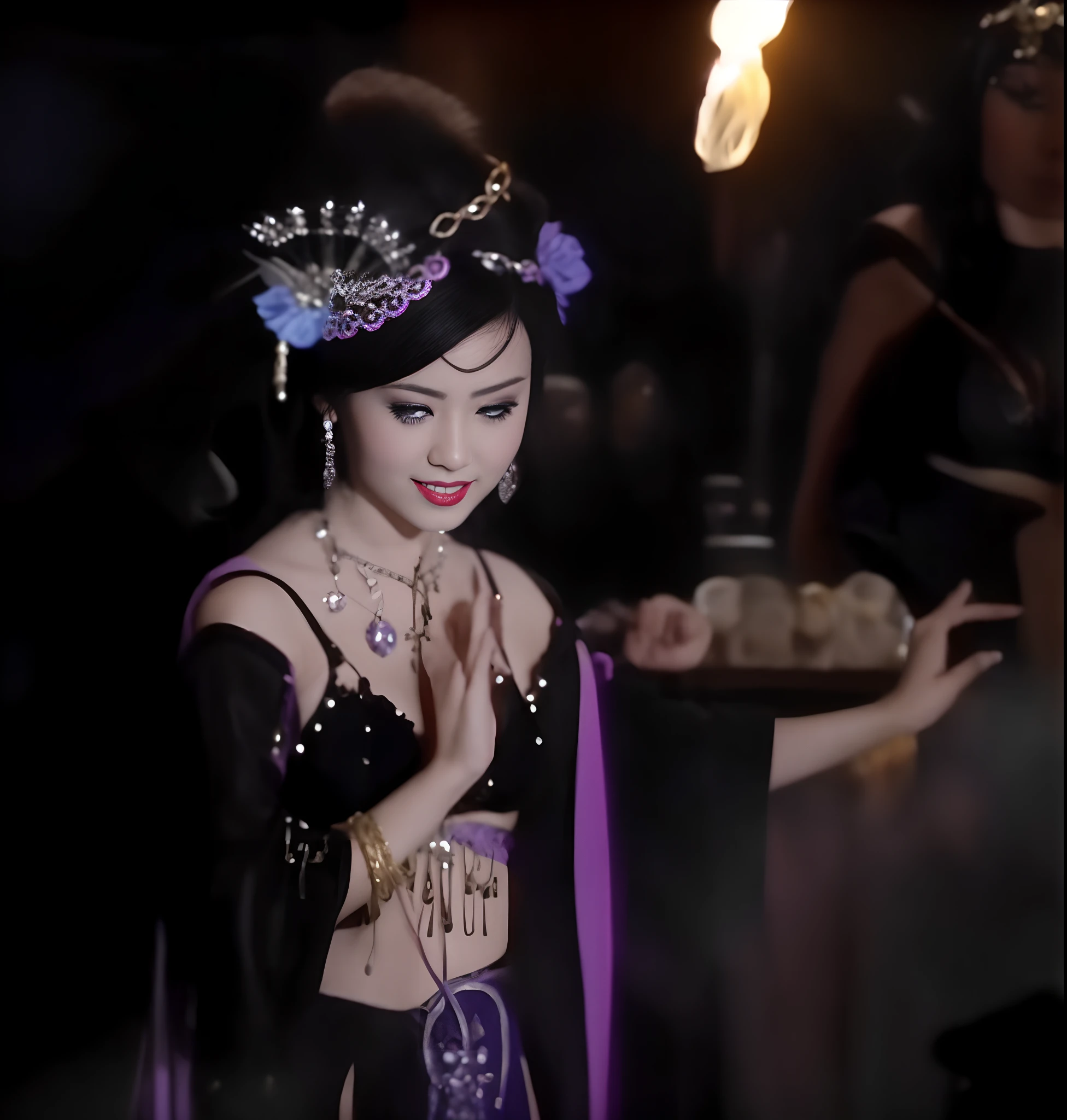 There is a witch succubus in a belly dancing bikini costume，heavy  makeups，Extra-long nails on both hands,Enchanting and sexy，seducing people， Black bra bikini belly dance costume，There are pendant decorations under the bikini，cropped shoulders，open waist，Bare neck，Eyes seductive，climaxing，Big chest，The right hand is in front of the chest，Right-handed Buddhist gesture，There is hooked hair on the right cheek，Both hands have yellow bracelets on their wrists，With beaded video and purple band，scene from kagemusha, submerged temple dance scene, fantasy movie still, japanese horror movie footage, 1080p， movie screencap,  Underworld dancer, goth people dancing, movie screen shot