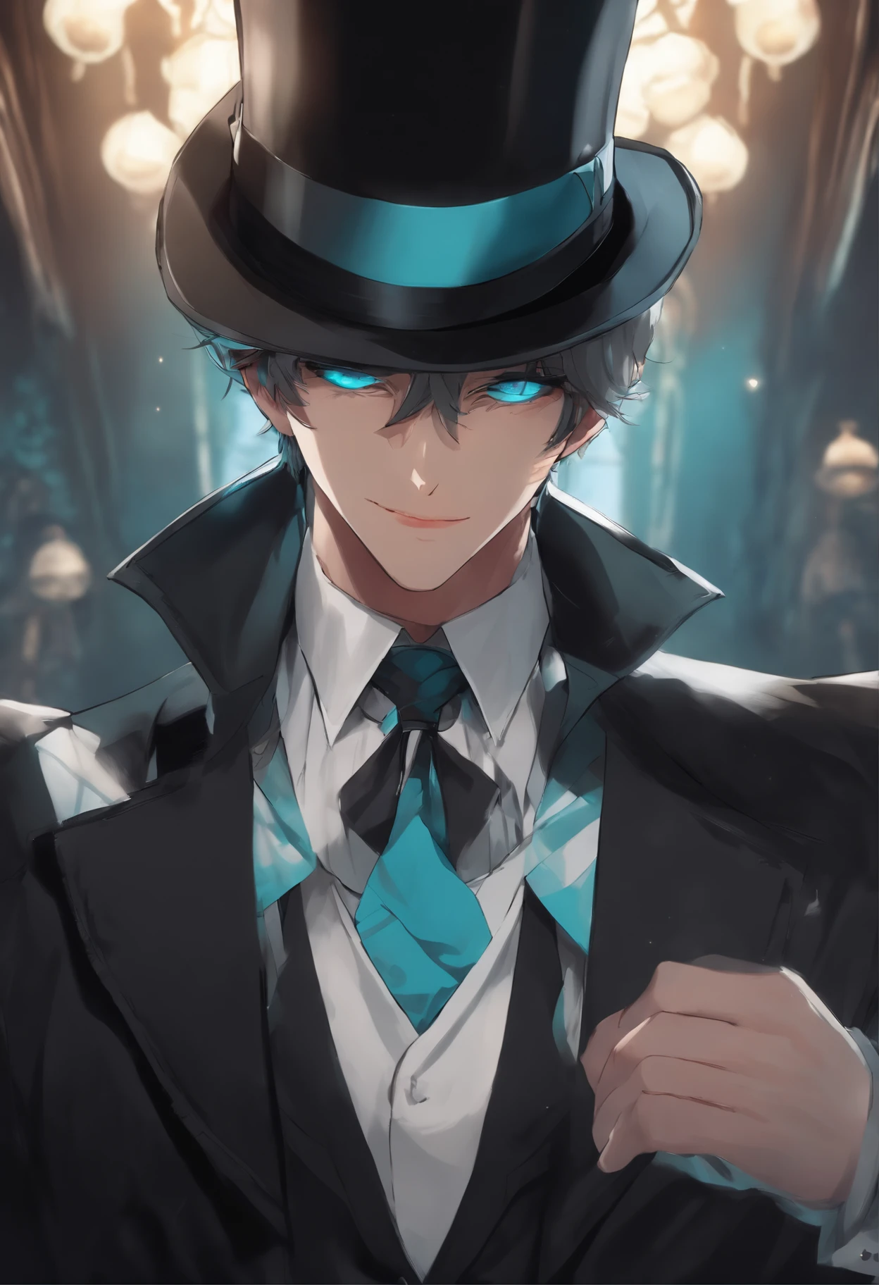 1boy, solo, kurofuku, necktie, male focus, black suit, upper body, black pants,inky body,cyan eye,grin, wearing a top hat, mystery being, extremely detailed eyes