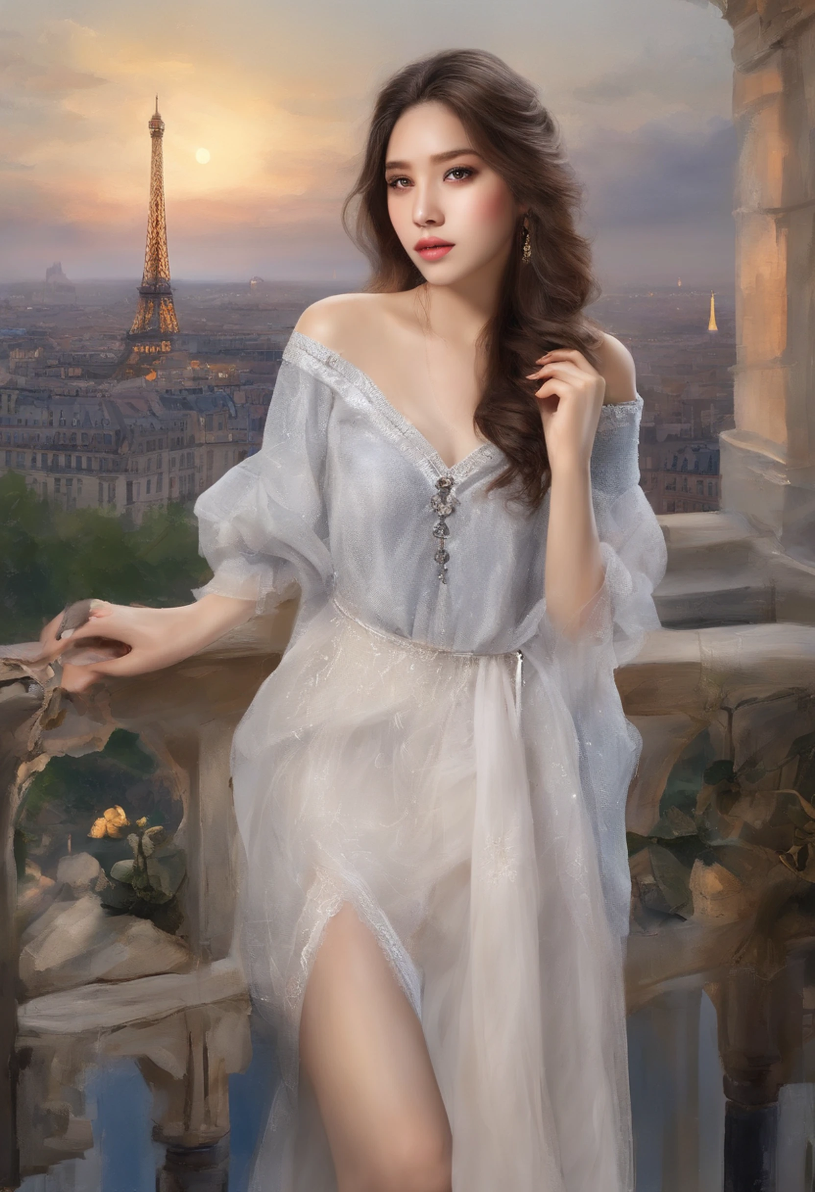 (8K、top-quality、masterpiece:1.2)、 (realisitic、Photorealsitic:1.37)、 ultra-detailliert、DJSODA、 1 girl in、full bodyesbian、Wearing a turtleneck sweater and skinny jeans、Standing in the streets of Paris with the Eiffel Tower in the background、 cute little、 Beautiful detailed sky、night, dark, moon, tiny chest、 beatiful detailed eyes、 (length hair:1.2)、 Floating Hair Novafrog Style、