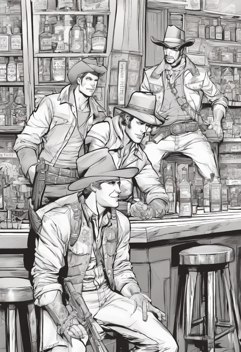 ((dois homens brigando dentro de um bar)), (estilo cowboy 0.8 ), (faroeste), (( desenhista John Buscema)), preto e branco,tons de cinza,Graycale, monocromatic, (Detalhes complexos), (Detalhes complexos, Ultra detalhe: 1.2), arte preto e branco, detalhes corrigidos, anatomia perfeita, luz e sombra, realismo, comicbook.