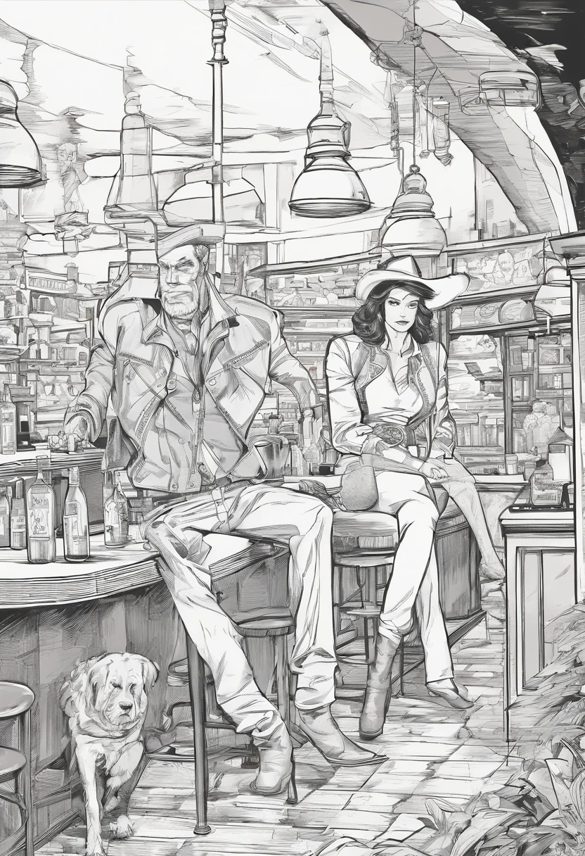 ((dois homens brigando dentro de um bar)), (estilo cowboy 0.8 ), (faroeste), (( desenhista John Buscema)), preto e branco,tons de cinza,Graycale, monocromatic, (Detalhes complexos), (Detalhes complexos, Ultra detalhe: 1.2), arte preto e branco, detalhes corrigidos, anatomia perfeita, luz e sombra, realismo, comicbook.