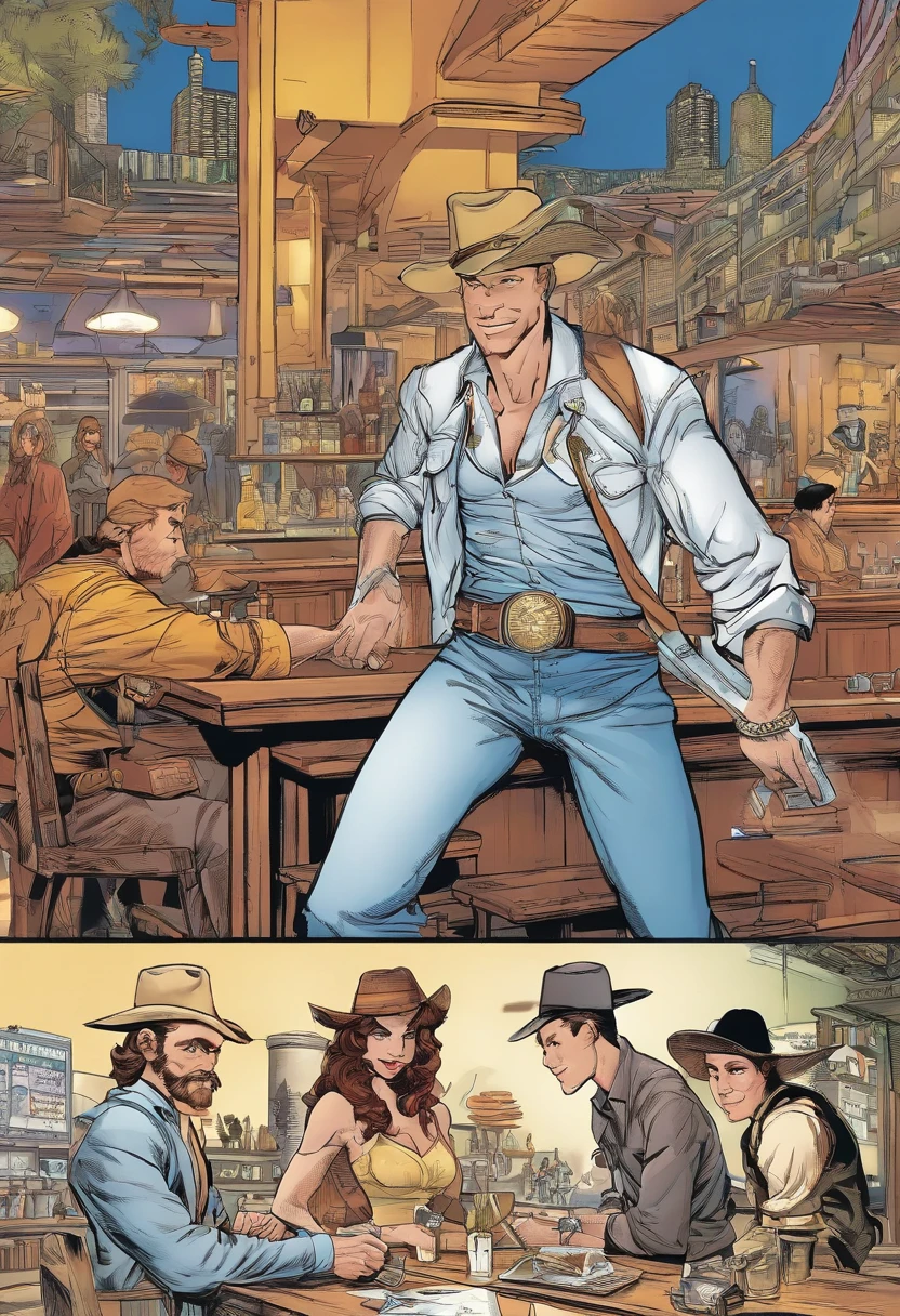 ((dois homens brigando dentro de um bar)), (estilo cowboy 0.8 ), (faroeste), (( desenhista John Buscema)), preto e branco,tons de cinza,Graycale, monocromatic, (Detalhes complexos), (Detalhes complexos, Ultra detalhe: 1.2), arte preto e branco, detalhes corrigidos, anatomia perfeita, luz e sombra, realismo, comicbook.