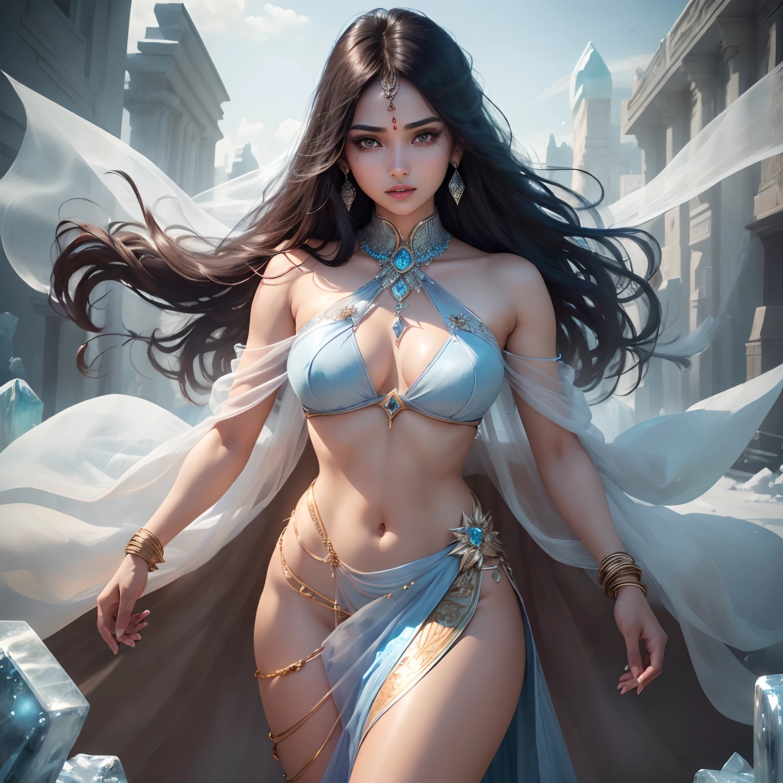 (Best Quality,Ultra-detailed,Realistic:1.37)、Indian cursers attack with ice magic、An 18-year-old woman、(Sharp eyes:1.5)、attractive beautiful face、Indian Women's Makeup、Aggressive look、Stylish saree、Wheat-toned skin、Light veil on the head、(Radiating blocks of ice from the palm of your hand:1.2)、Crystal jade、Full body