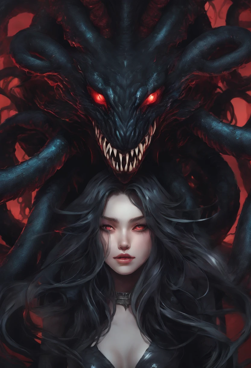 Ink monster, humanoid, surrounded by black tentacles,anime artstyle, grin,sharp teeth