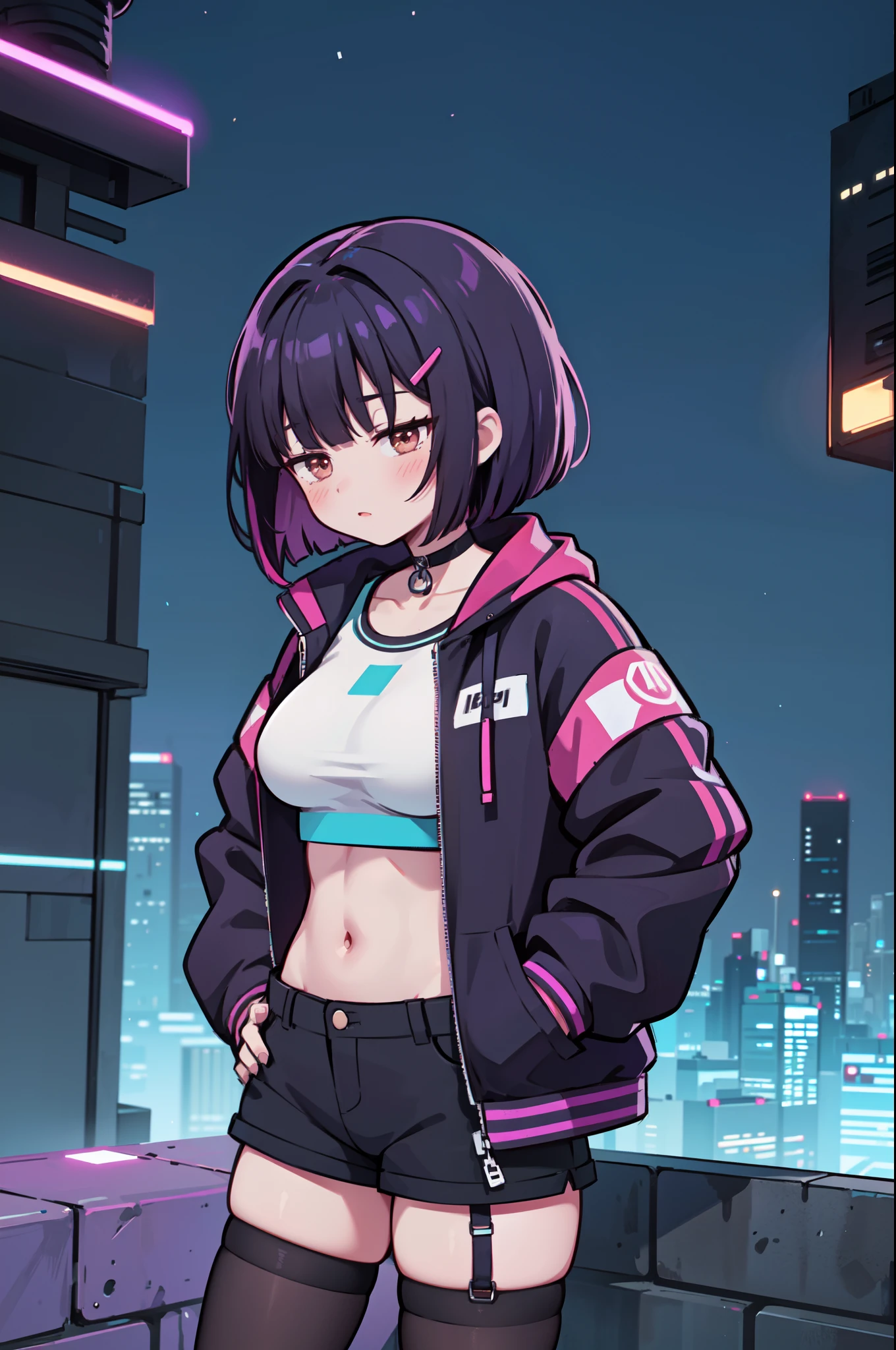 1girl, solo, , (black hair), (colored inner hair, purple hair), straight hair, bob cut, short hair, assymmetrical sidelocks, bang pinned back, hairclip, brown eyes, calm behaviour, inexpressive, medium breasts, choker, thigh strap, sportswear, sport top, shorts, (pantyhose:1.1), jacket, big jacket, thighs, abs, (hands on pockets), night city, cyberpuk, colorful, beautiful, ((neon lights)), masterpiece, best quality, 4k
