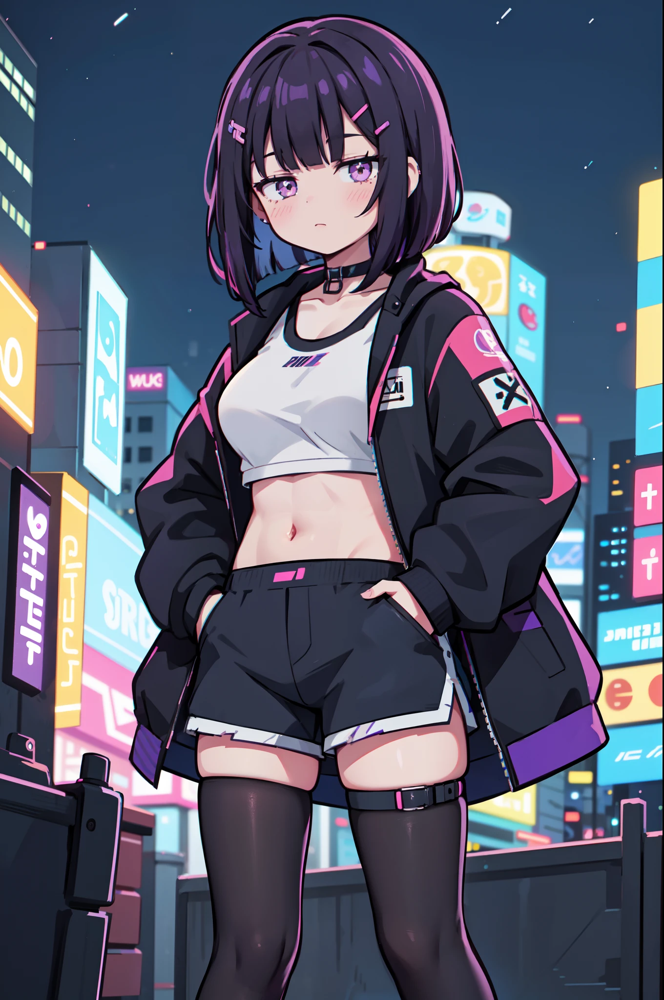 1girl, solo, , (black hair), (colored inner hair, purple hair), straight hair, bob cut, short hair, assymmetrical sidelocks, bang pinned back, hairclip, brown eyes, calm behaviour, inexpressive, medium breasts, choker, thigh strap, sportswear, sport top, shorts, (pantyhose:1.1), jacket, big jacket, thighs, abs, (hands on pockets), night city, cyberpuk, colorful, beautiful, ((neon lights)), masterpiece, best quality, 4k