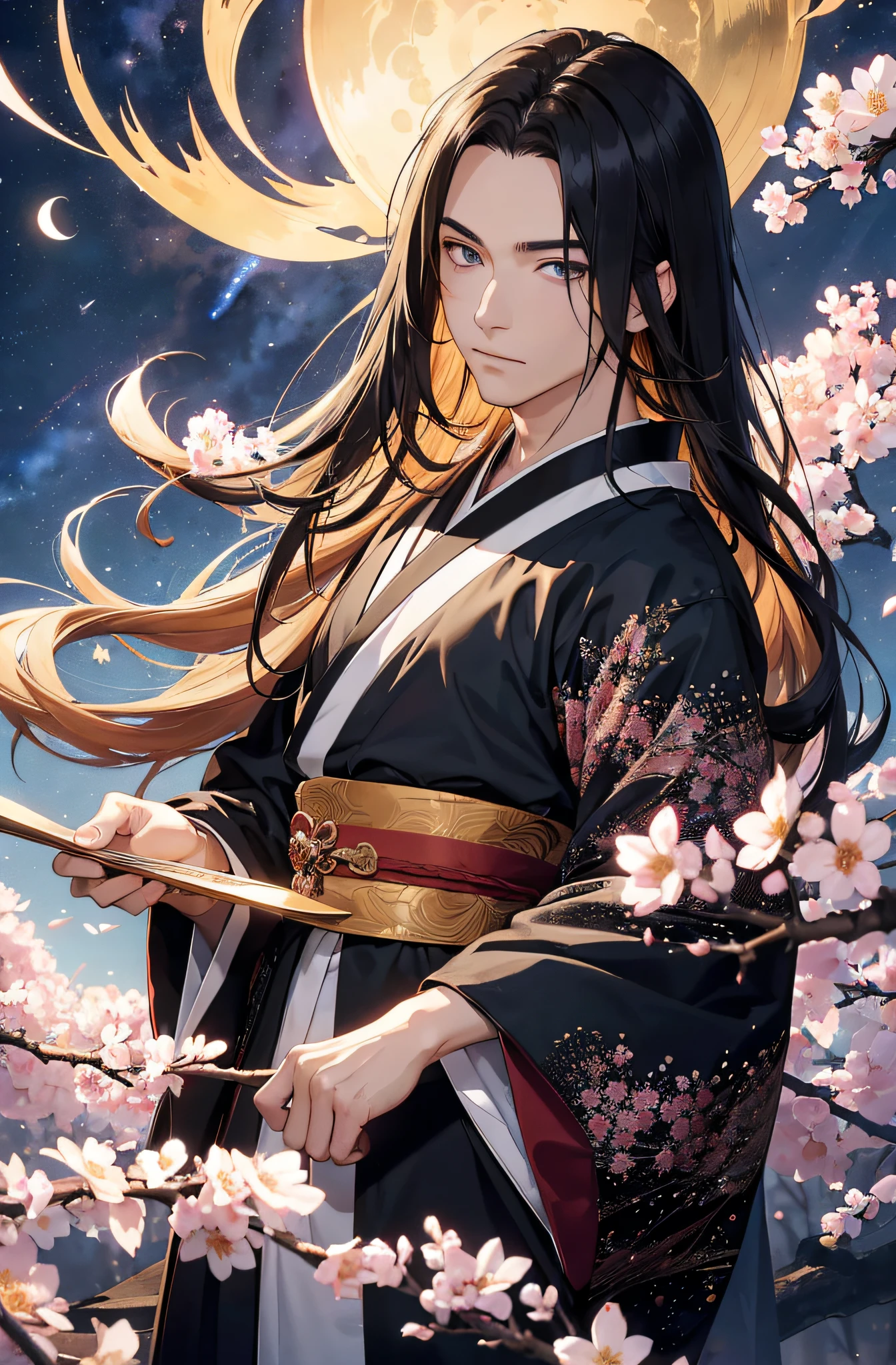 (Meisterwerk), best quality, ultra-high resolution, ((Ein Mann)), masculine, elegant, (japanischer Gott), Tsukuyomi, ausdrucksstarke Augen, Perfektes Gesicht, half body, Blick auf den Betrachter, dutch angle, Cowboy erschossen, (sehr langes, schwarzes, flowy hair), (Goldene Augenfarbe), stattlich, night time, Mondsichel, (Japanische Kleidung), (schwarz-blauer Kimono), (Extrem detaillierte Kleidung), cherry blossoms, Dynamisches Licht, Beautiful colors, Milky Way, FESTPLATTE